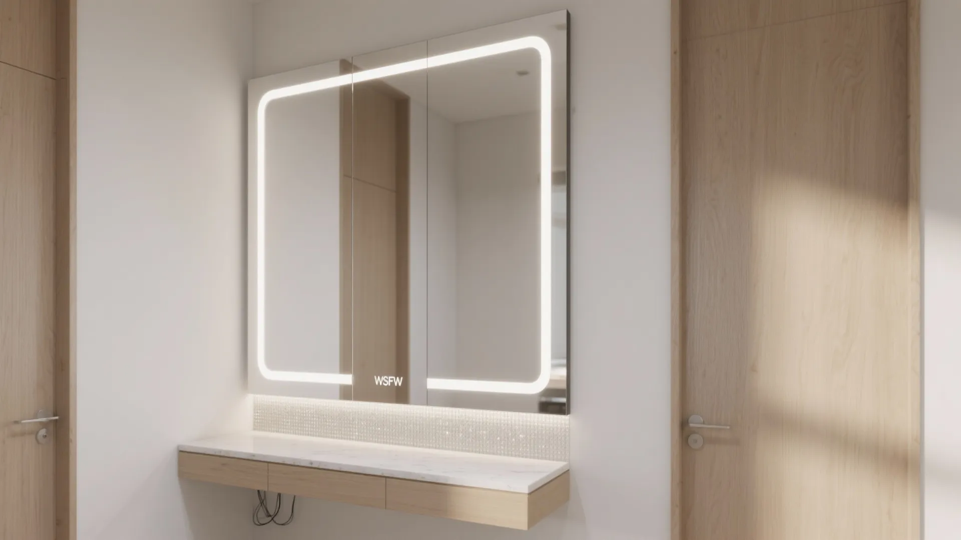 Modern wall mirror with integrated light frame above a floating wooden shelf in bright room