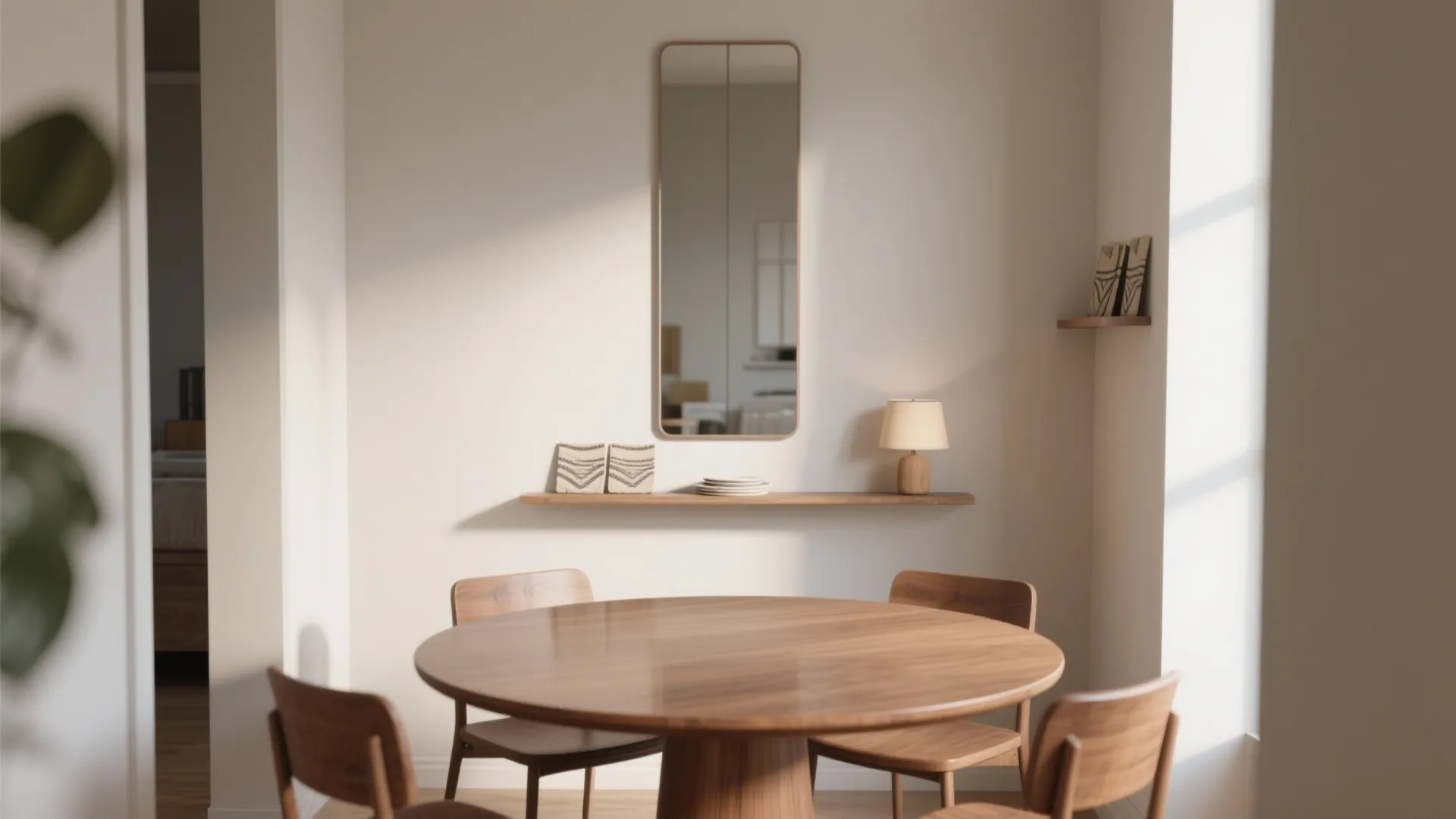 Round wooden dining table and chairs with a tall mirror and small shelf on wall