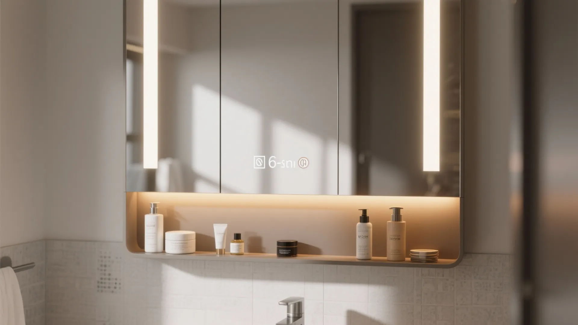 Modern bathroom mirror cabinet with built-in LED lighting strips and a shelf for skincare bottles