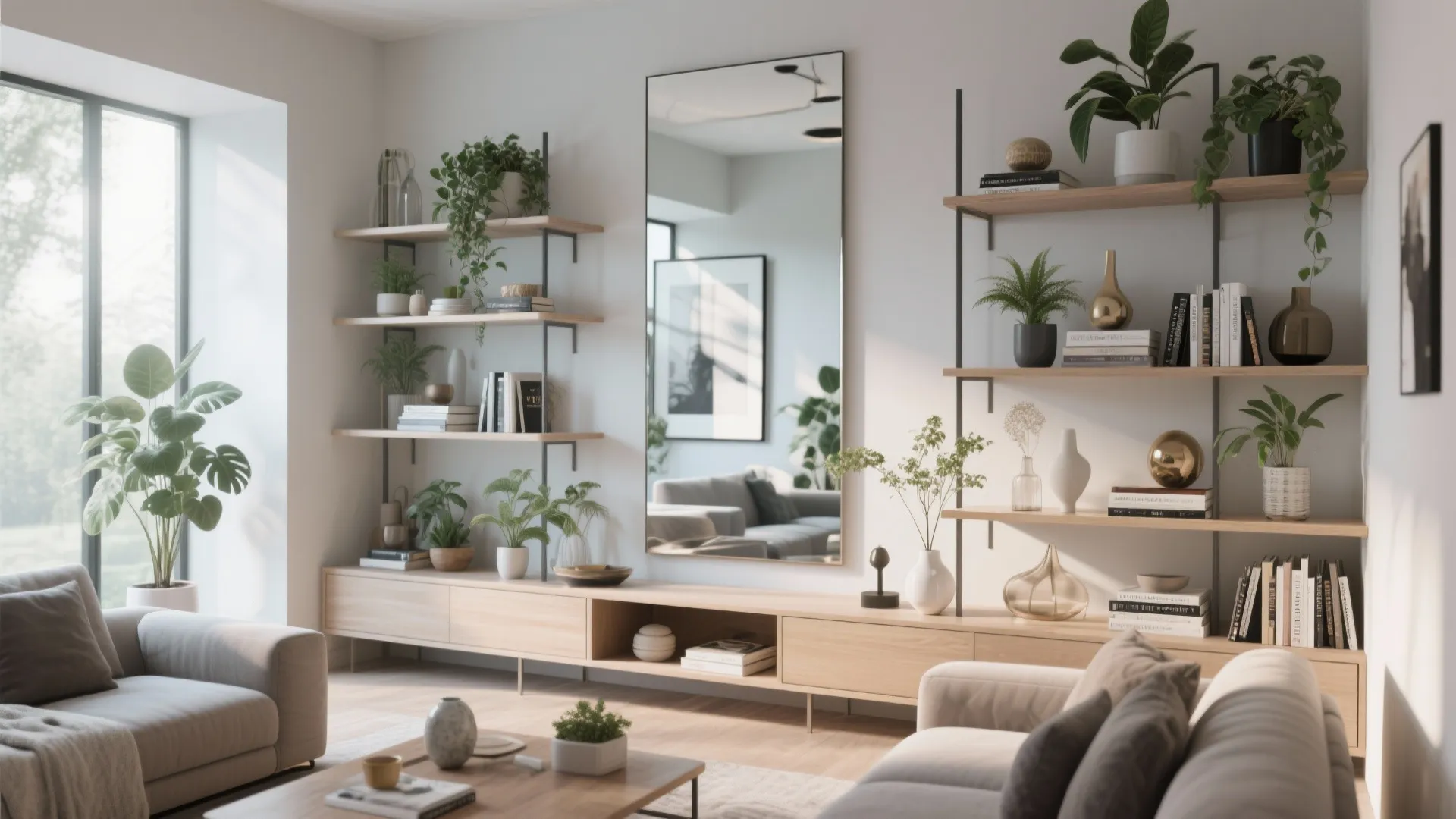 7. Mirror Behind Open Shelving