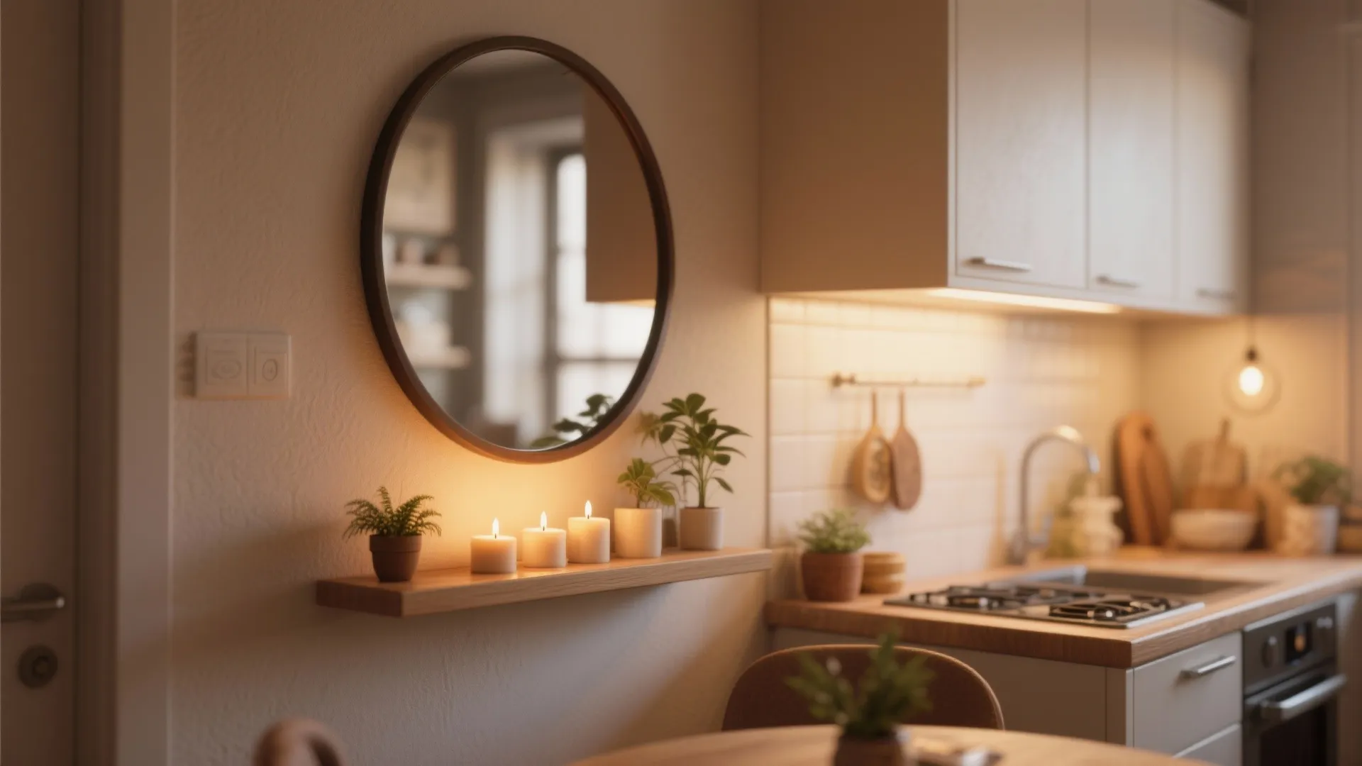 Mirror with integrated shelf holding decor in a cozy dining area