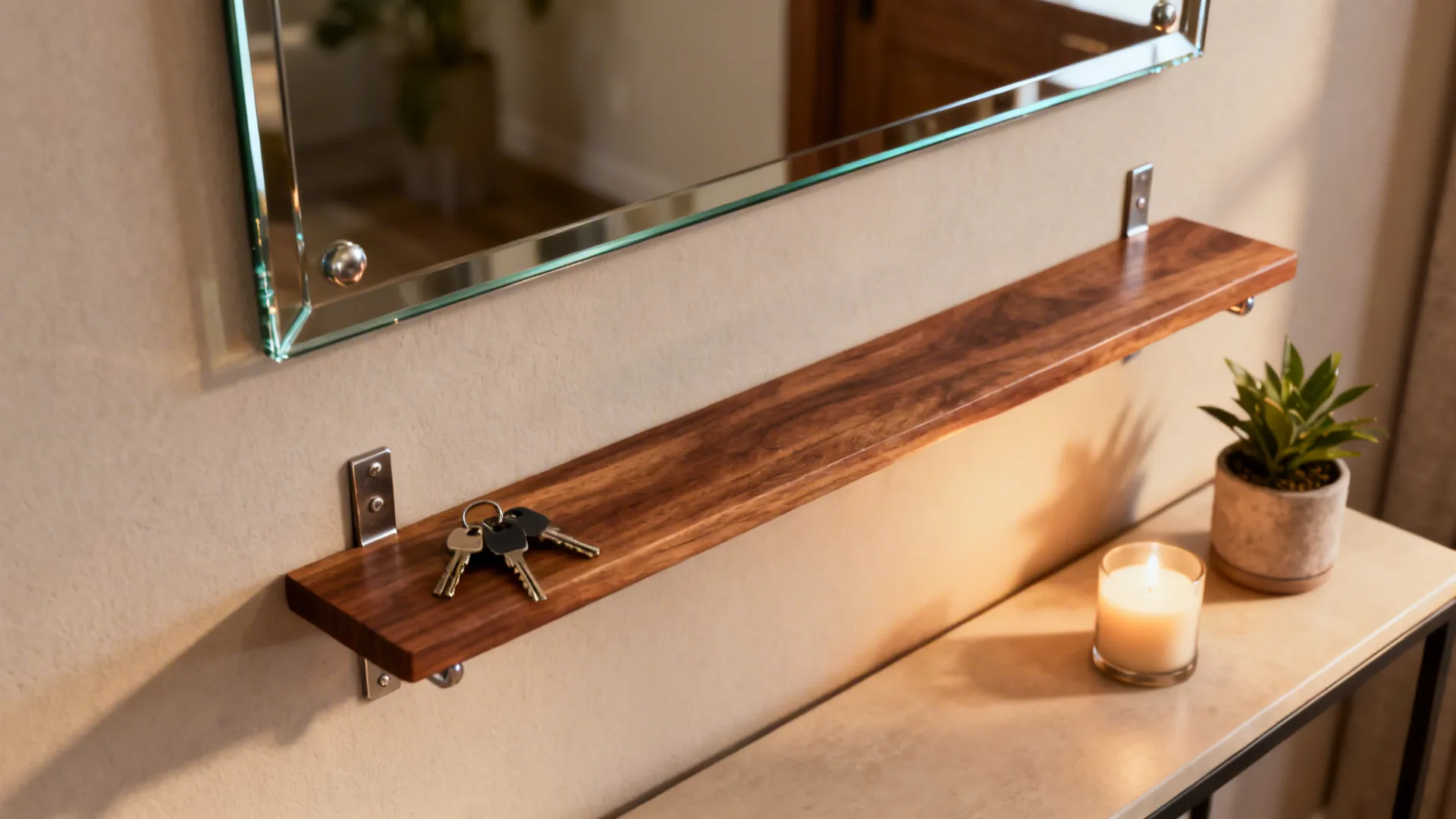 Decorative mirror with an integrated slim shelf holding keys and a small plant above a console table.