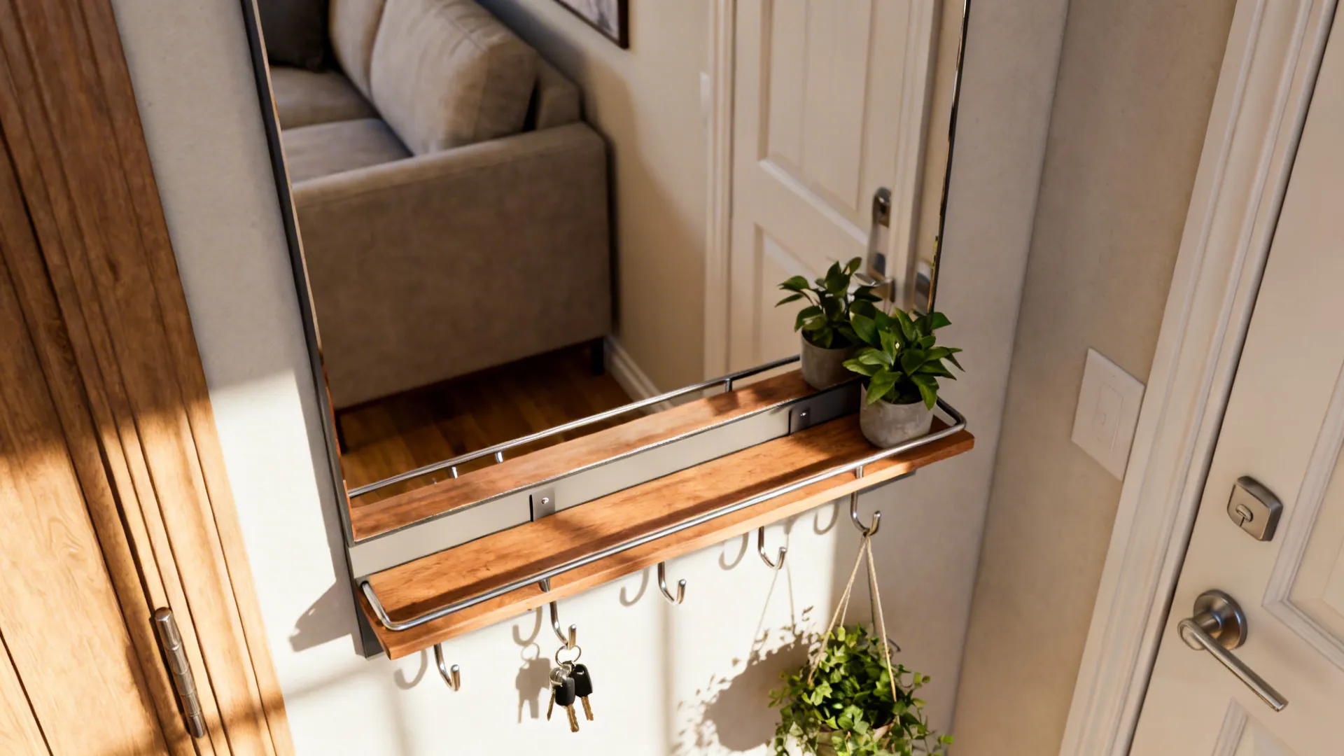 Mirrored panel with integrated shelf and hooks used as a functional mirror-and-storage solution