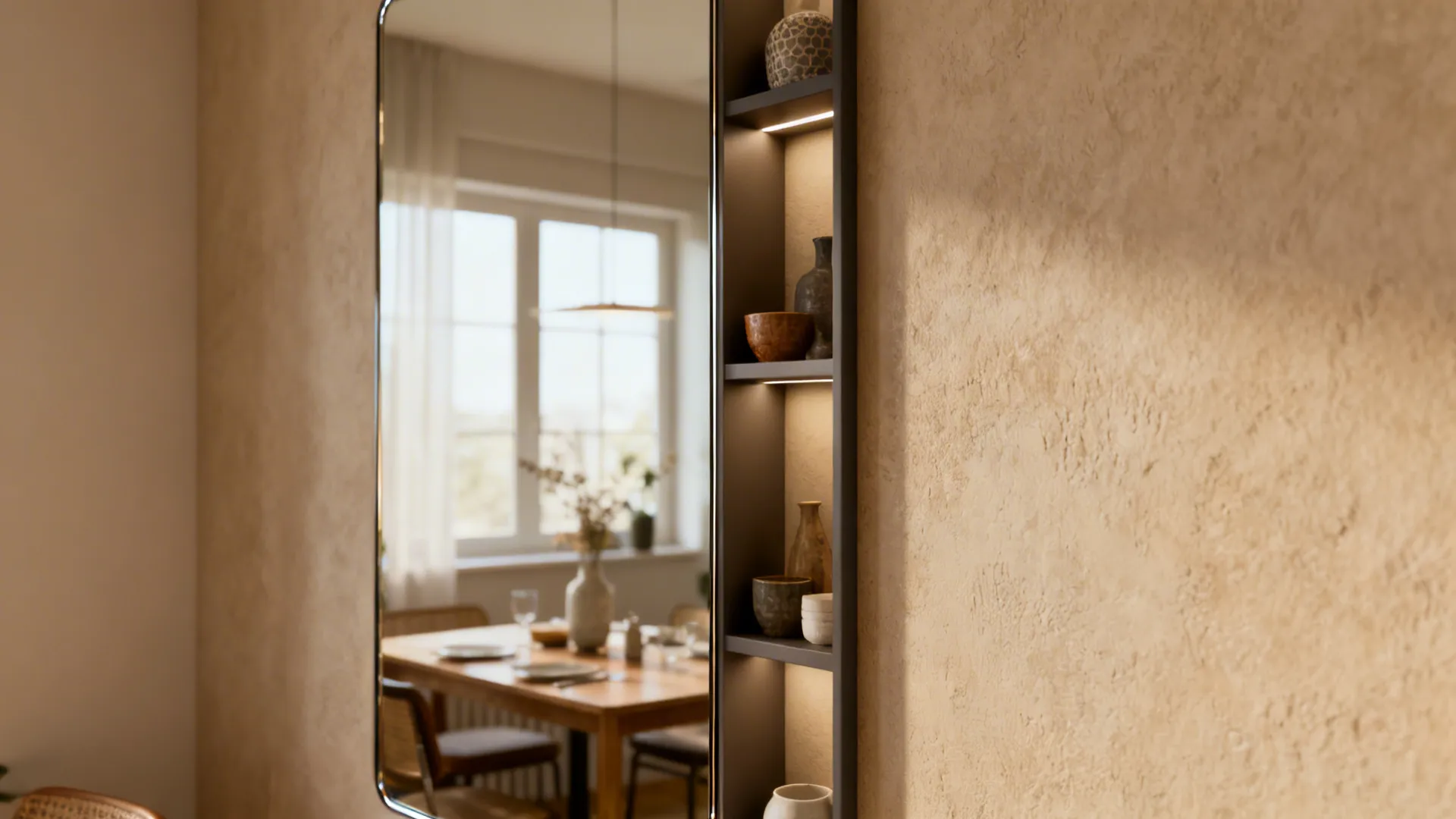 Integrated mirror with shallow shelving styled with decorative objects in a small dining space