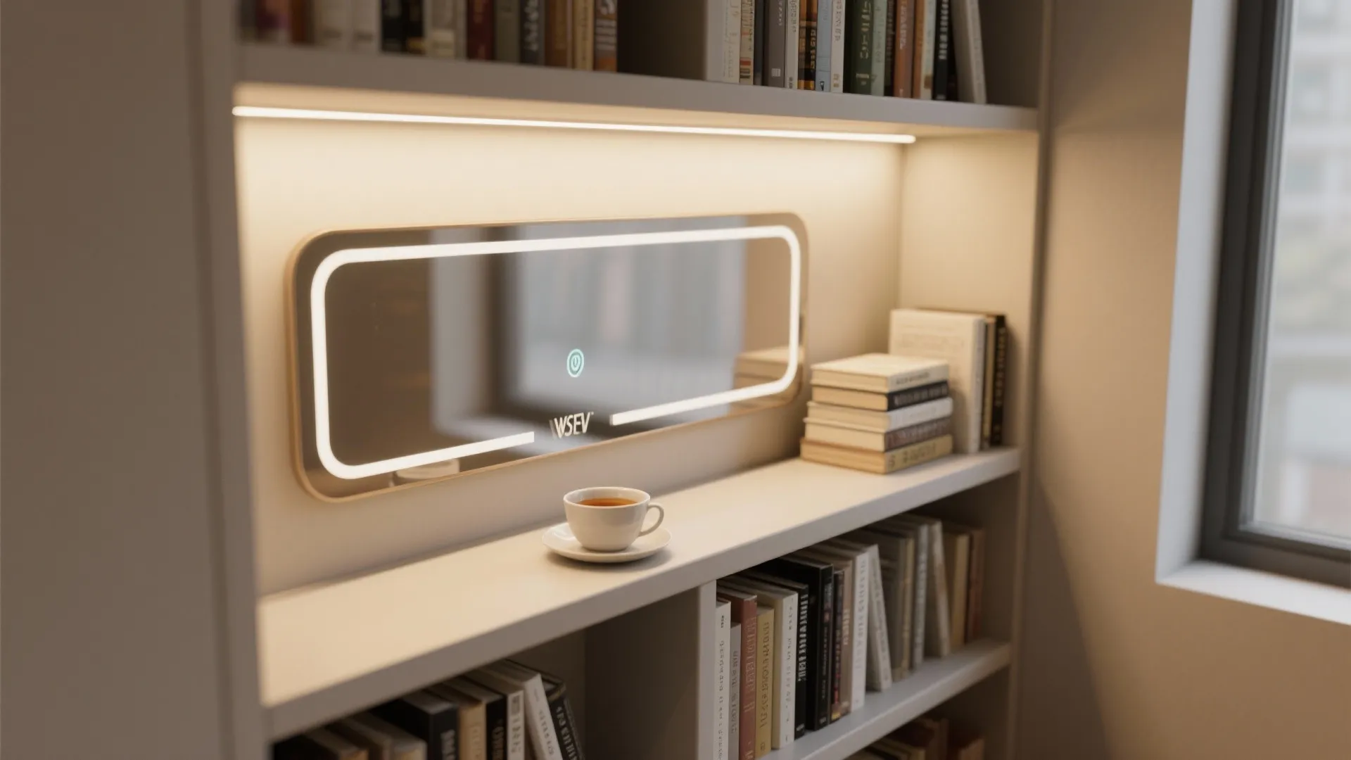 Narrow shelf with integrated mirror and light, styled in a small library alcove