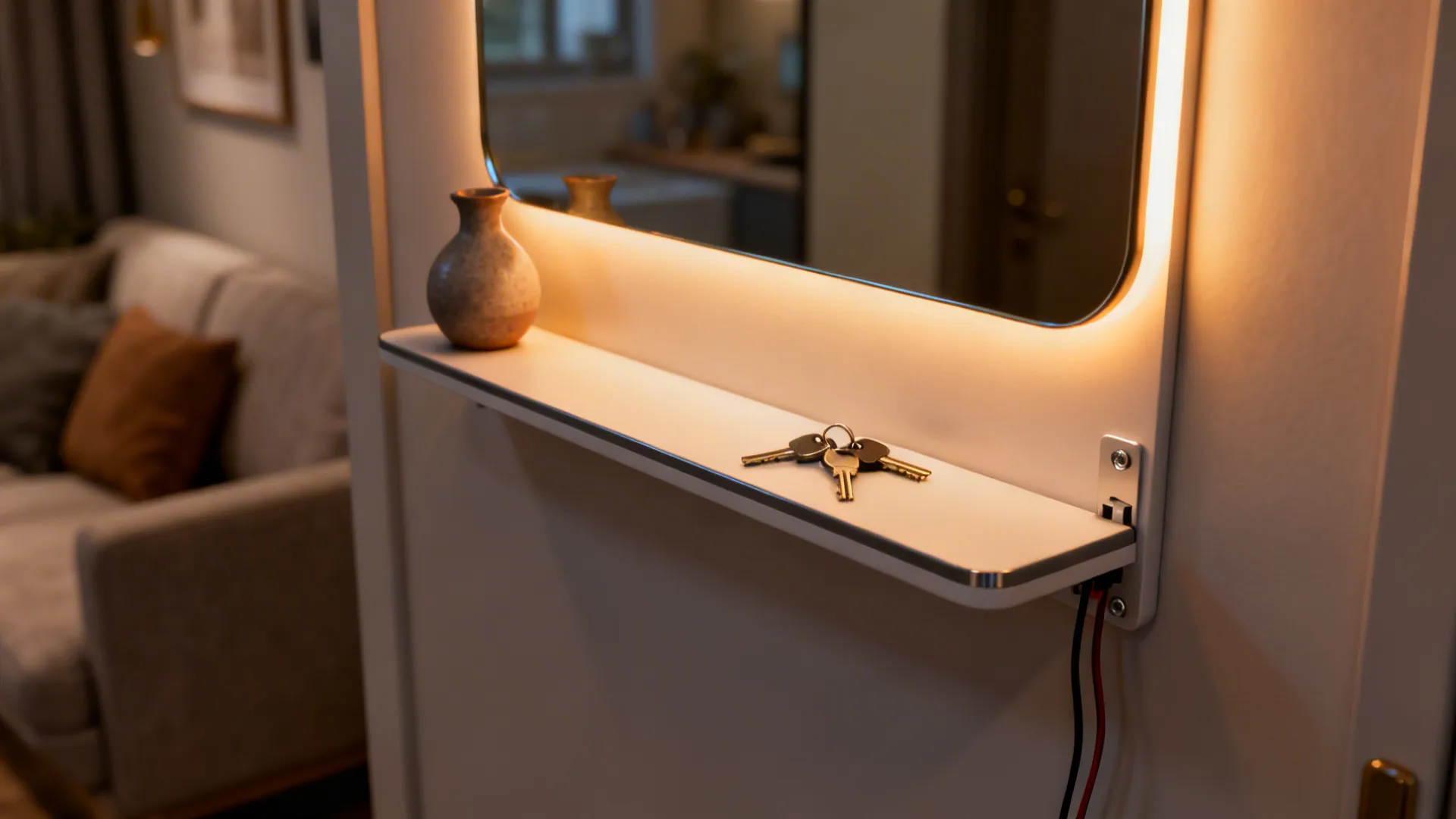 Mirror with thin shelf and integrated backlighting holding a vase and keys in a compact living area