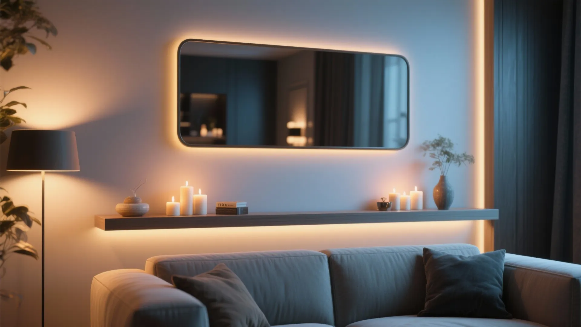 Mirror Above the Sofa with Floating Shelf
