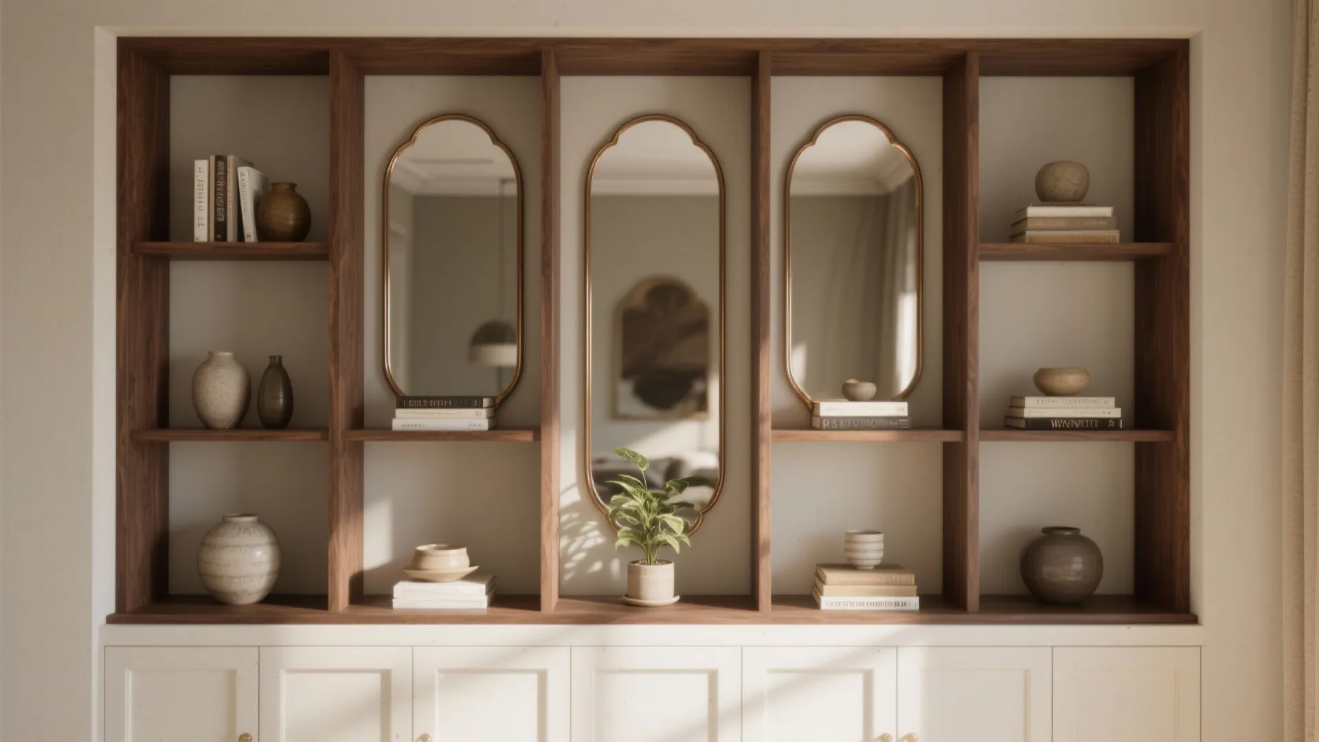 Wooden wall shelves with gold mirrors, books, small vases, white cabinets, and a green plant