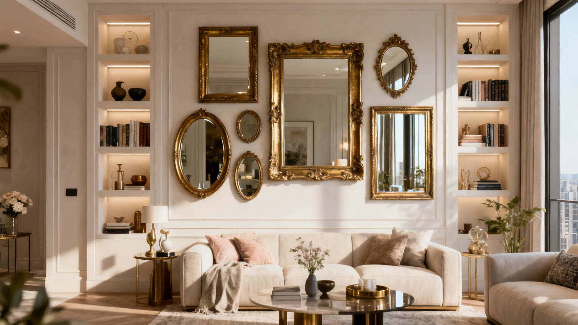 Curated cluster of antique brass-framed mirrors with integrated shelving displaying books and objets.