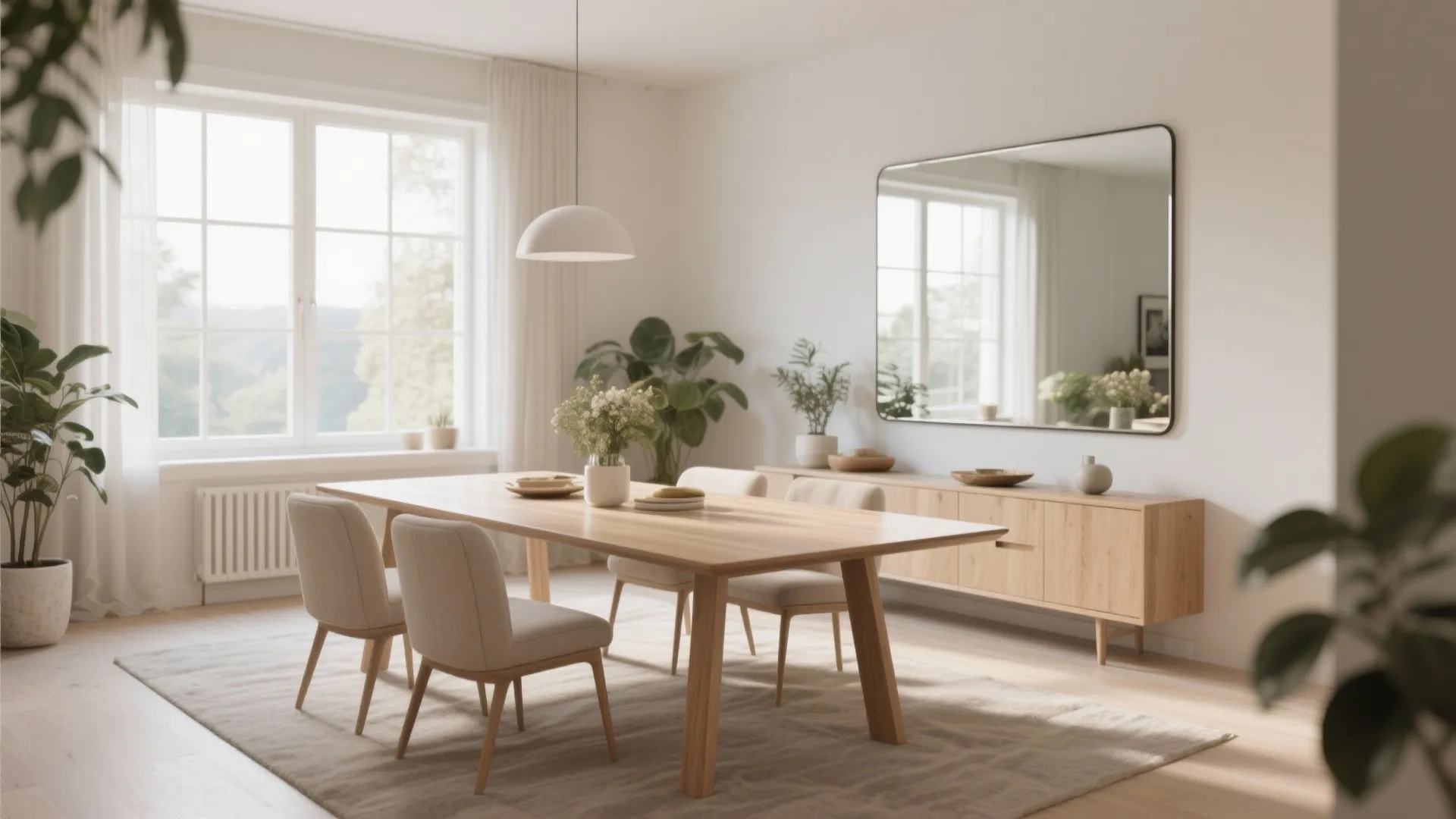 Modern dining room with wooden table, beige chairs, large wall mirror, and natural light windows
