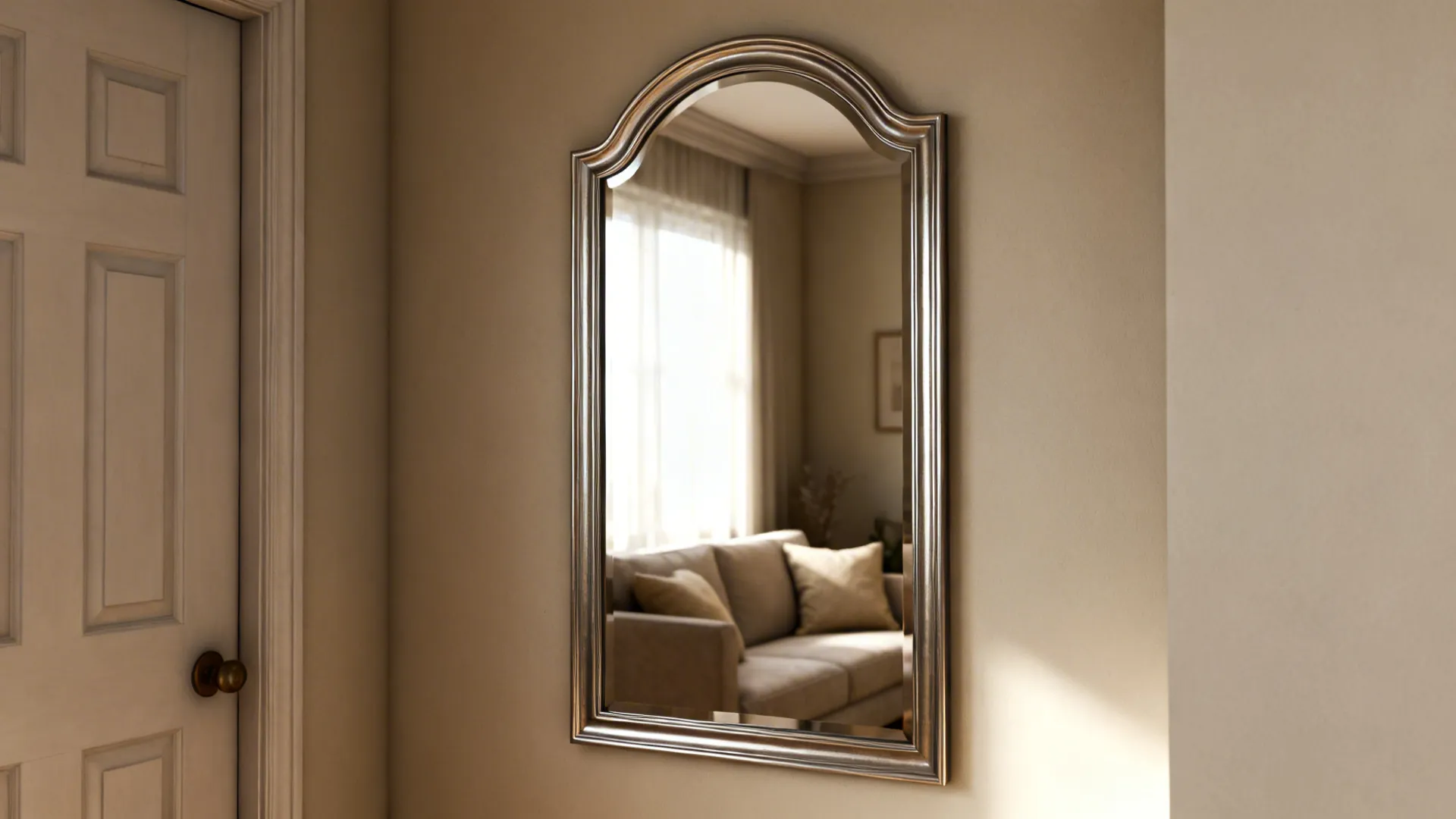 Wall mirror near the entry reflecting seating area to expand perceived space.