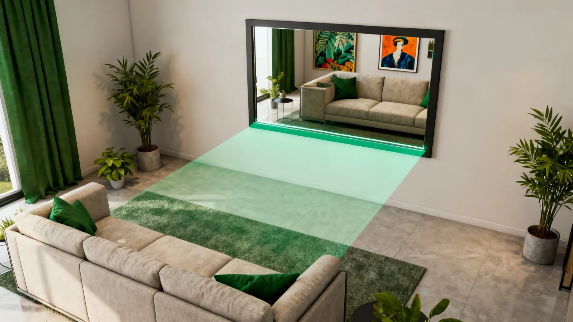 Modern living room with a large wall mirror reflecting a beige sofa and green indoor plants