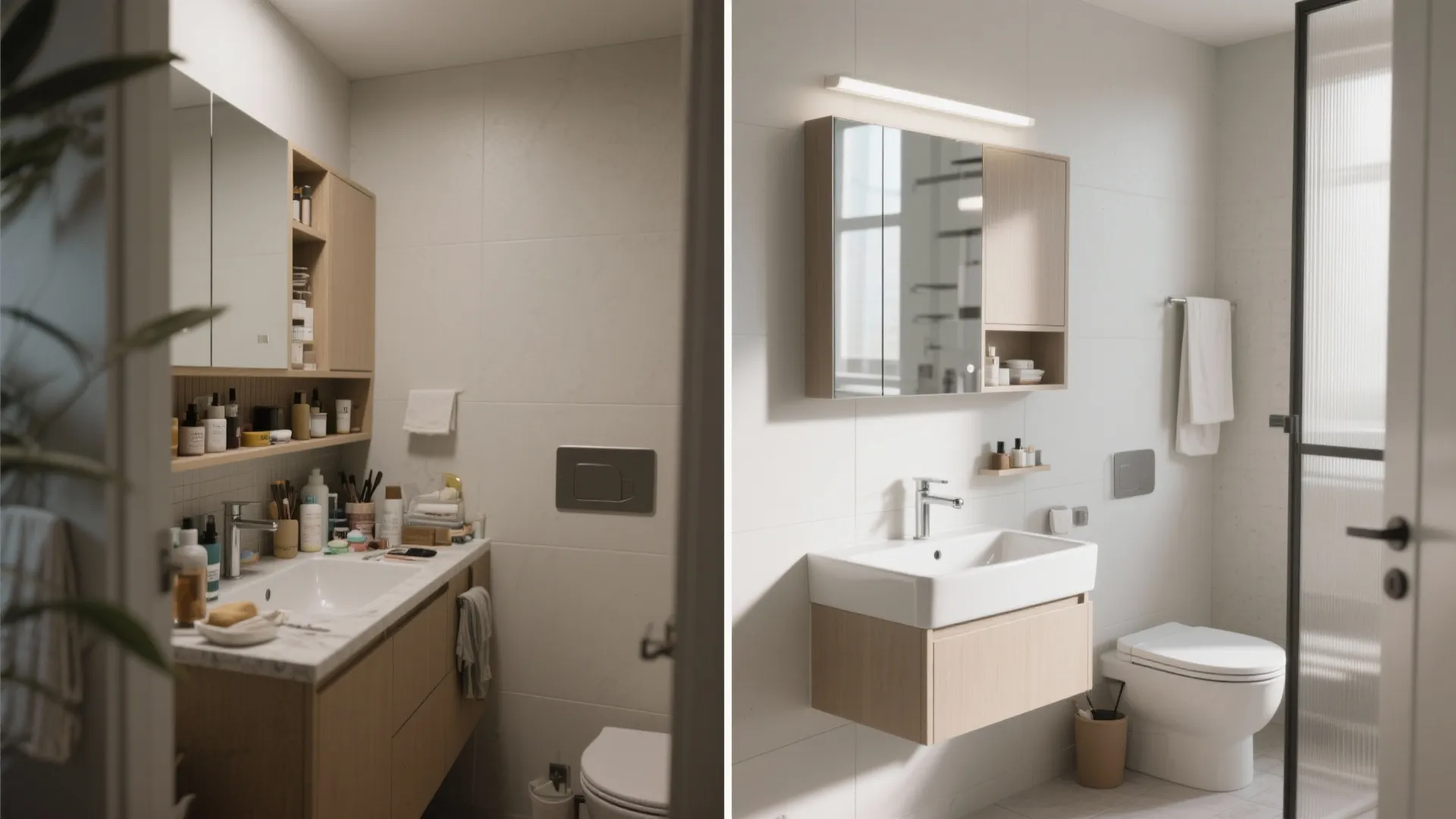 Before and after comparison of a messy bathroom versus a clean minimalist modern bathroom design