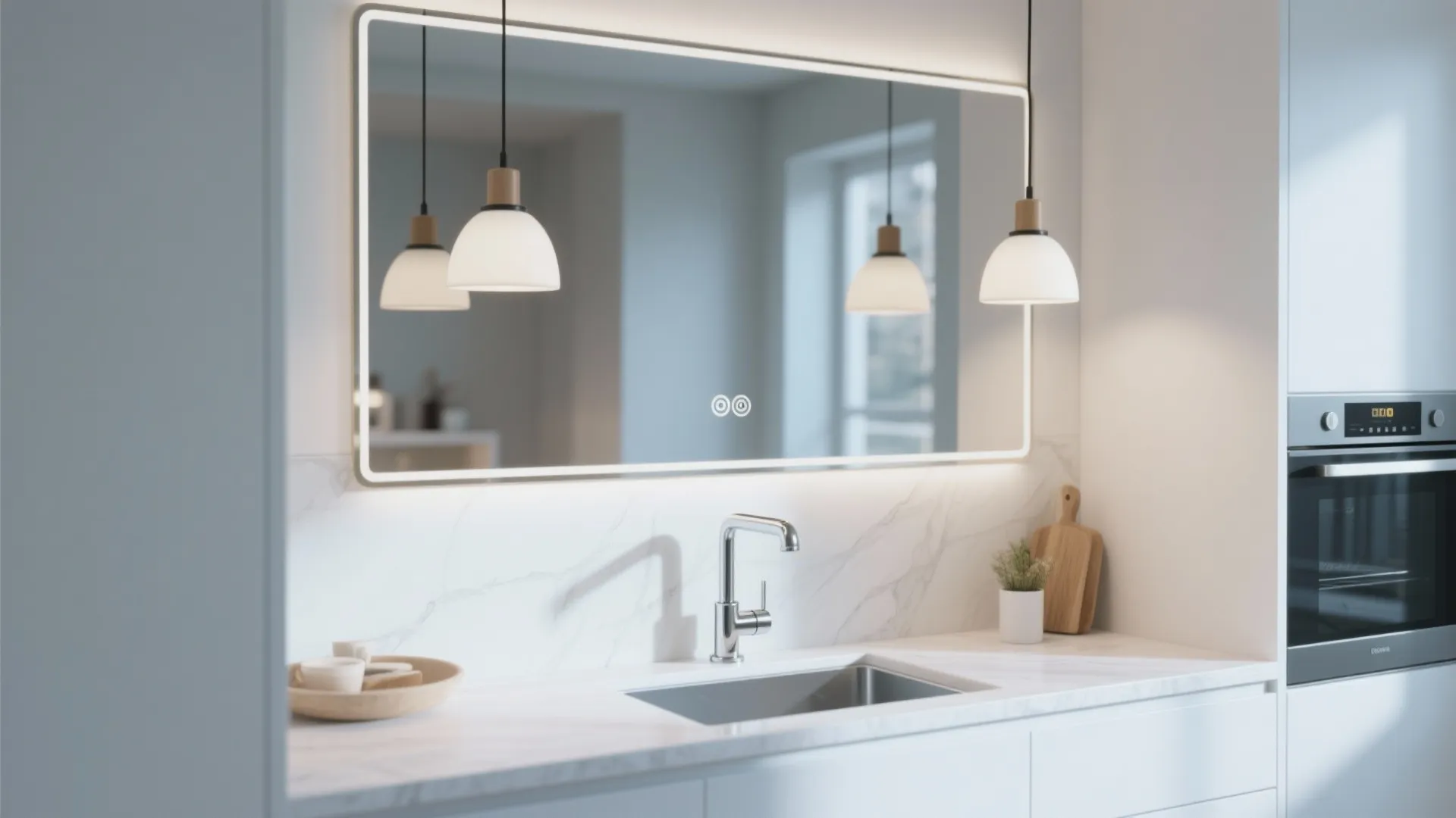 Modern kitchen sink with a large lighted mirror white marble wall and stylish ceiling lights