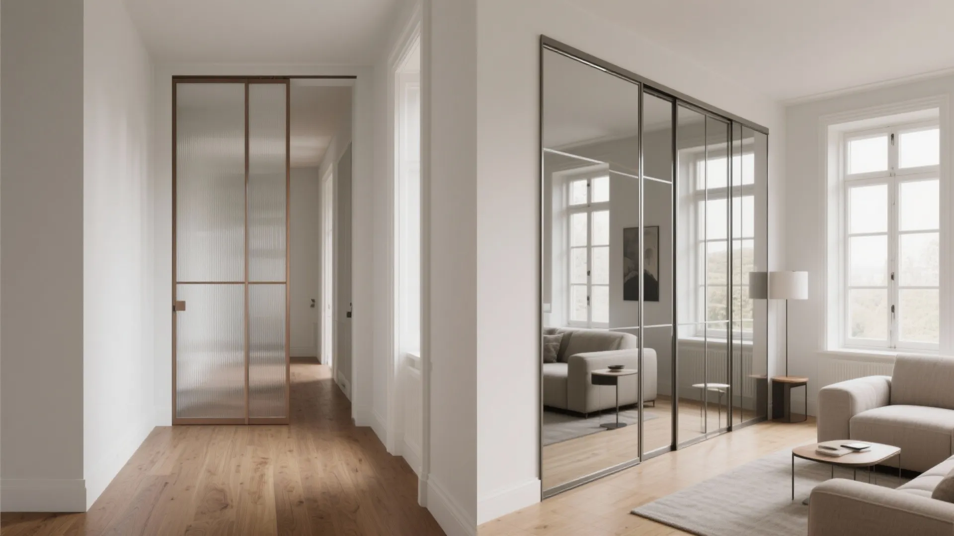 Before-and-after of mirror-clad minimalist sliding panels showing a brighter, wider look in a narrow living room