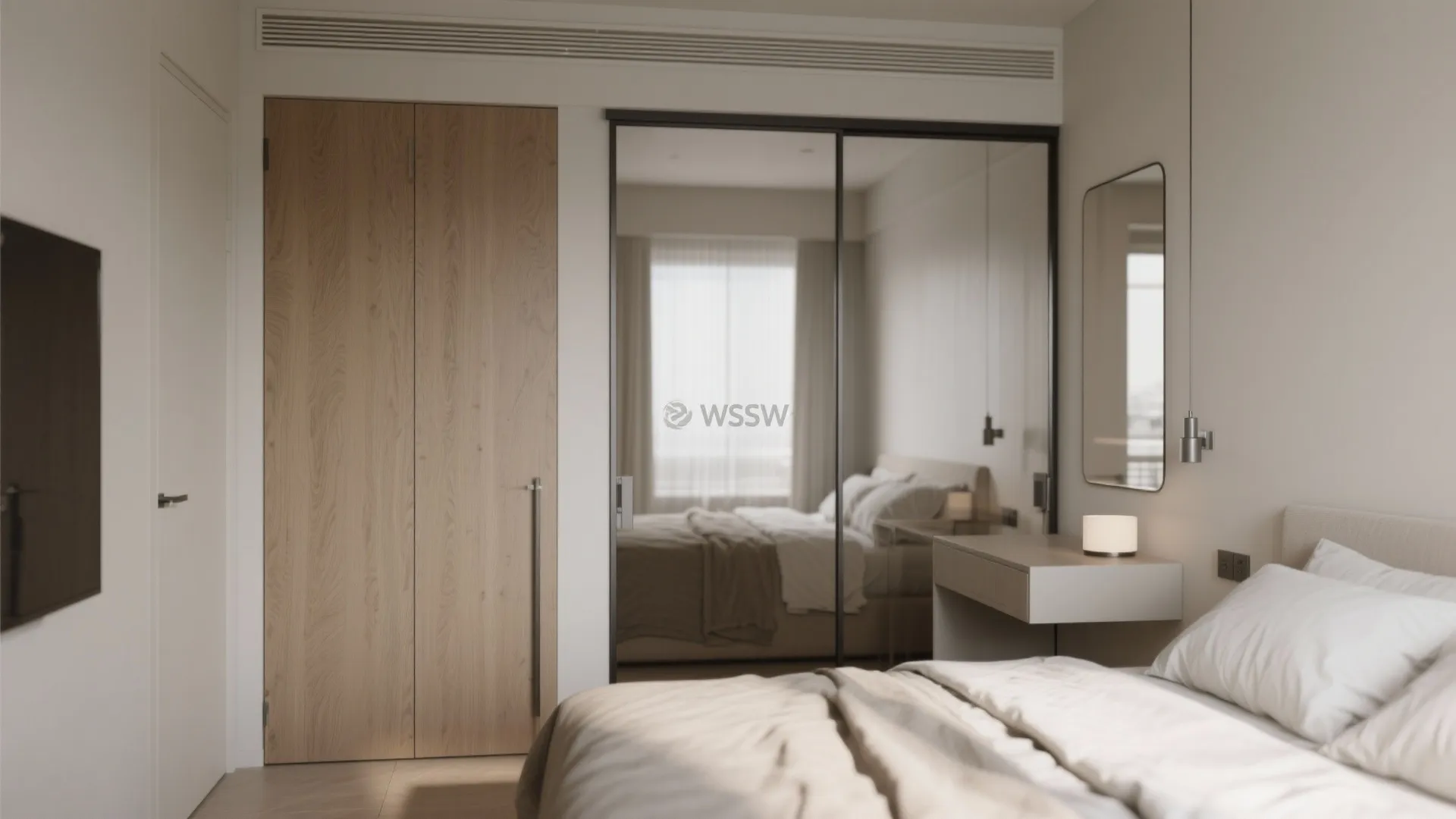 Bedroom interior design with sliding mirror doors wooden closet desk small table lamp and bed