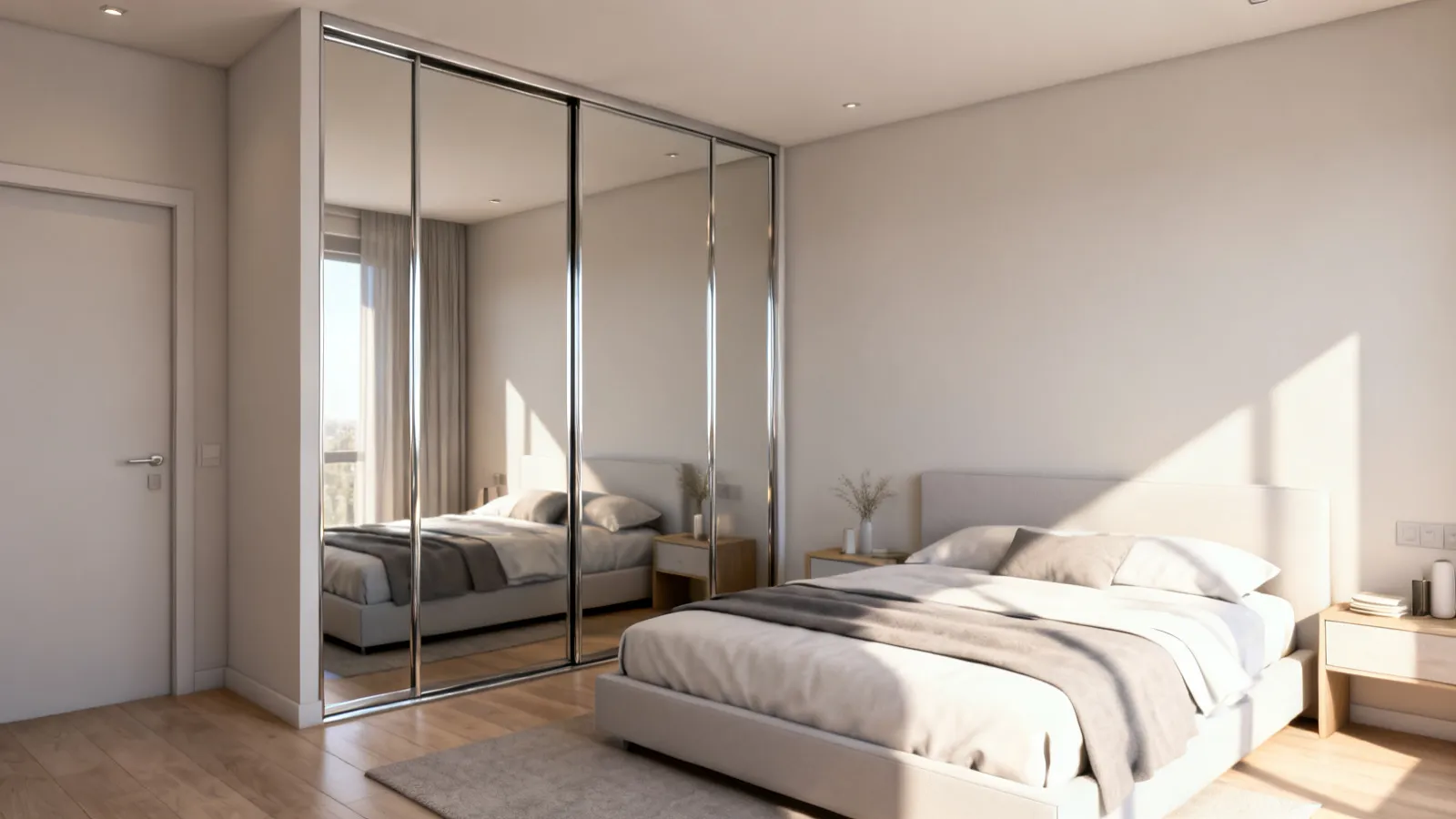 Sliding mirror aluminium wardrobe in a compact bedroom