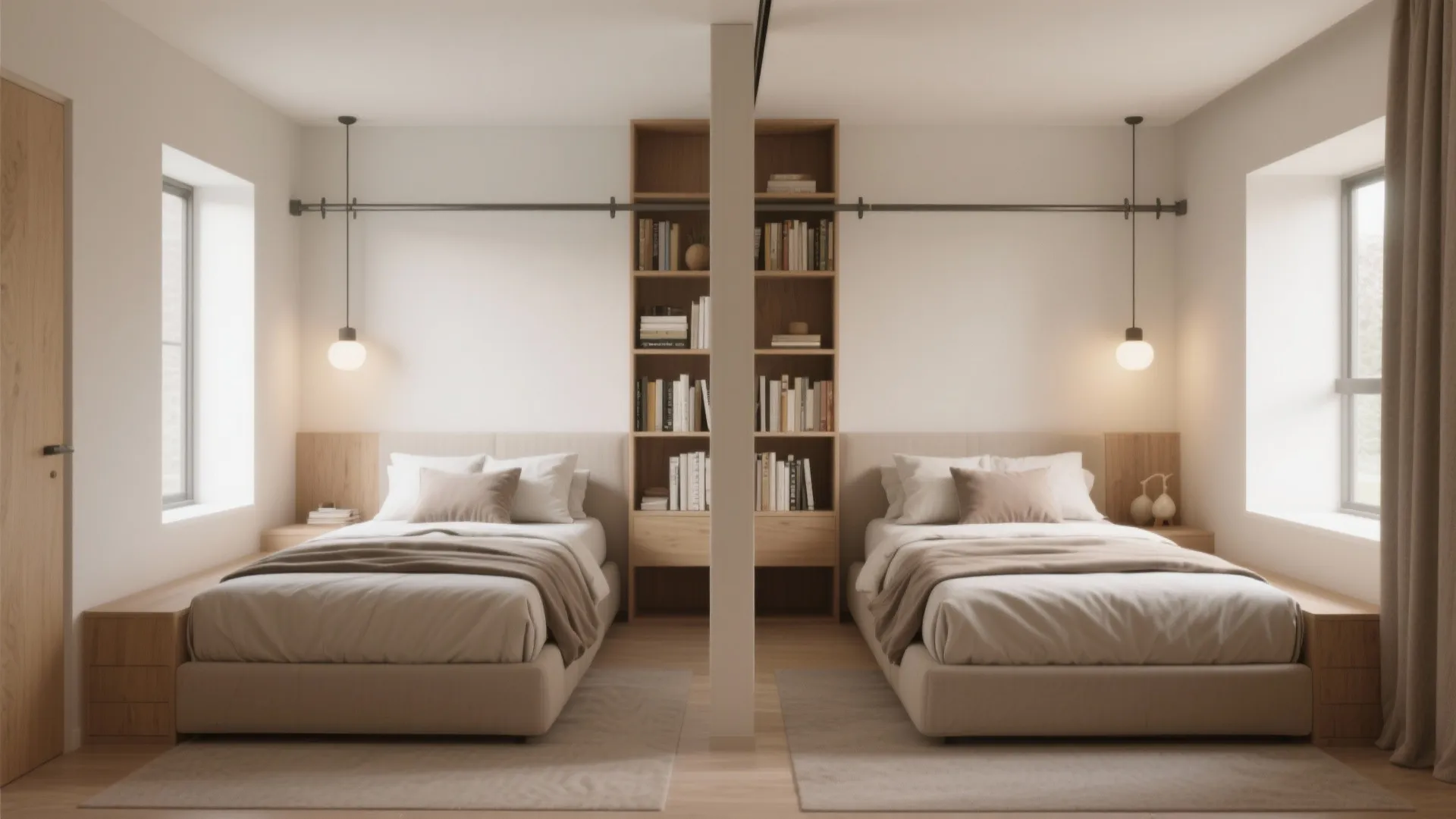 Symmetrical bedroom design with two beds separated by a tall wooden bookshelf and white walls