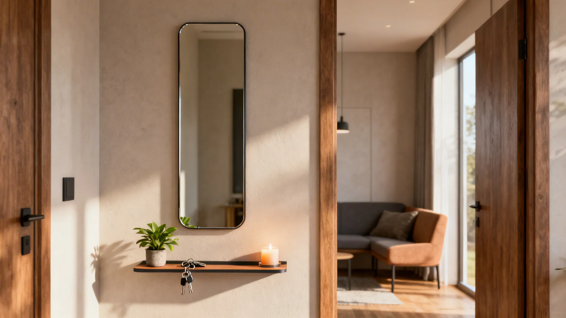 Modern entryway with a tall mirror, small shelf, green plant, and a cozy living room