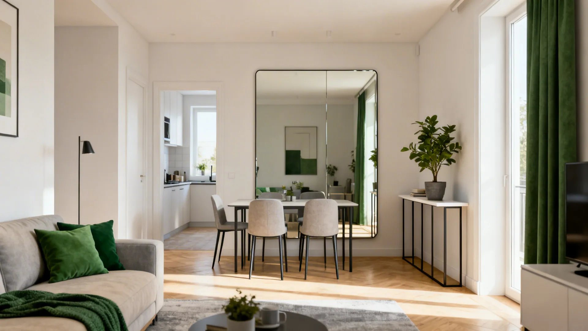 Modern living room with sofa dining table large wall mirror green curtains and slim table