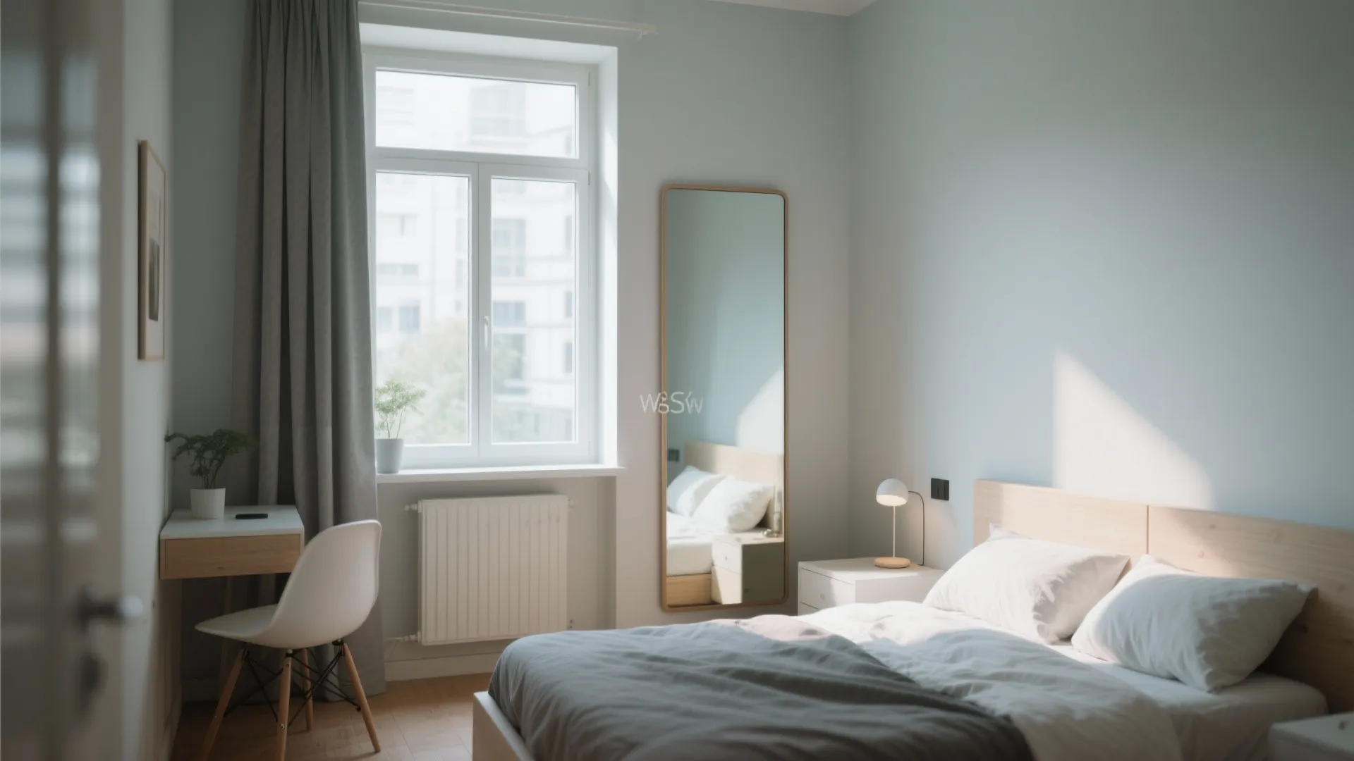 Modern small bedroom with grey bed sheets tall mirror white desk chair and large window view