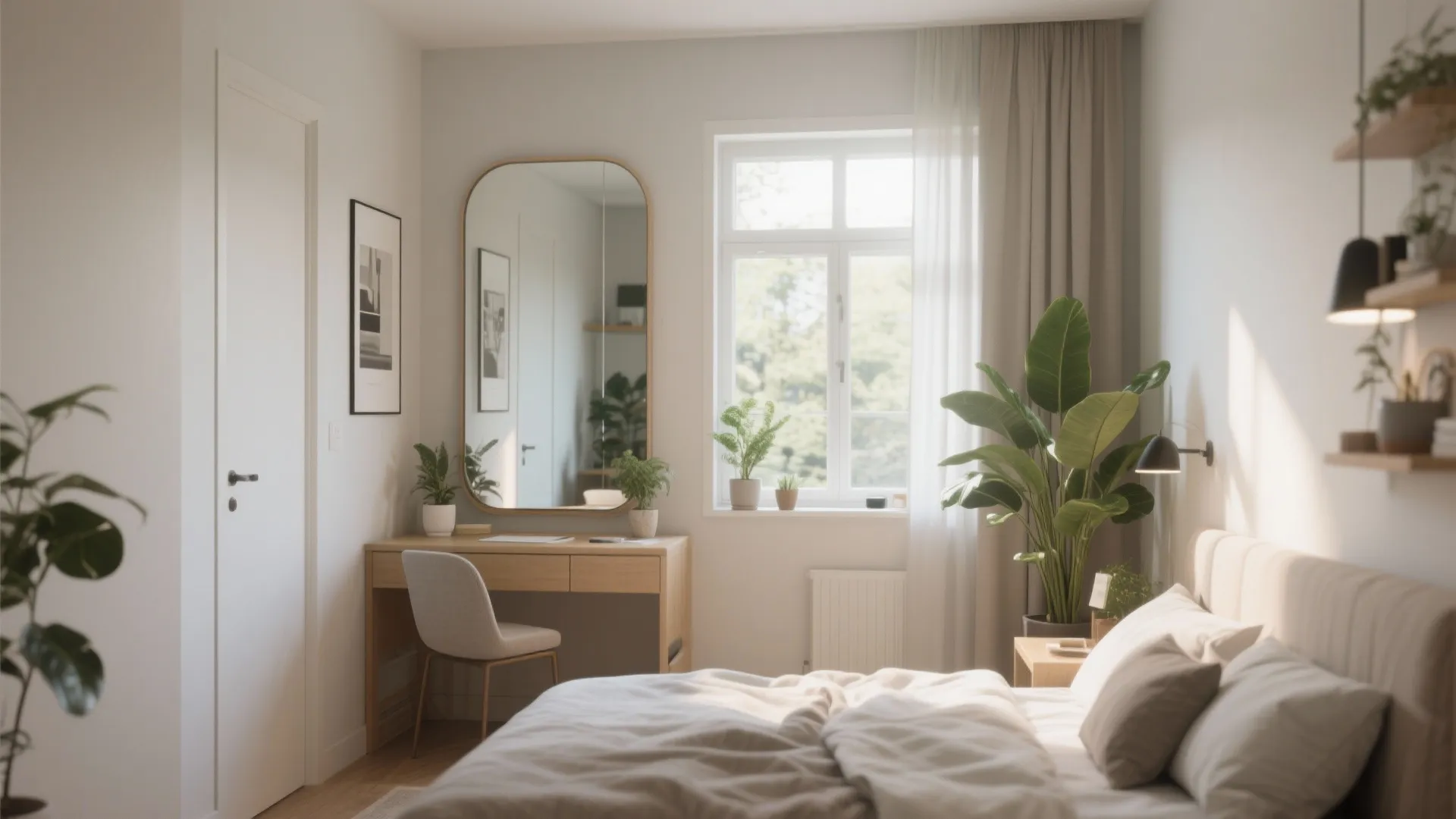 Bright bedroom with large wall mirror above wood desk plants by window and soft white bedding
