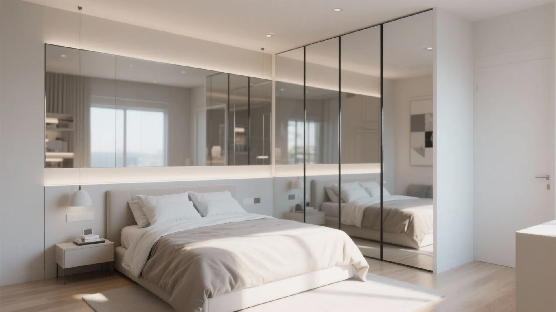 Modern bedroom with large mirrored wardrobe reflecting comfortable bed white bedding bedside table and fixture