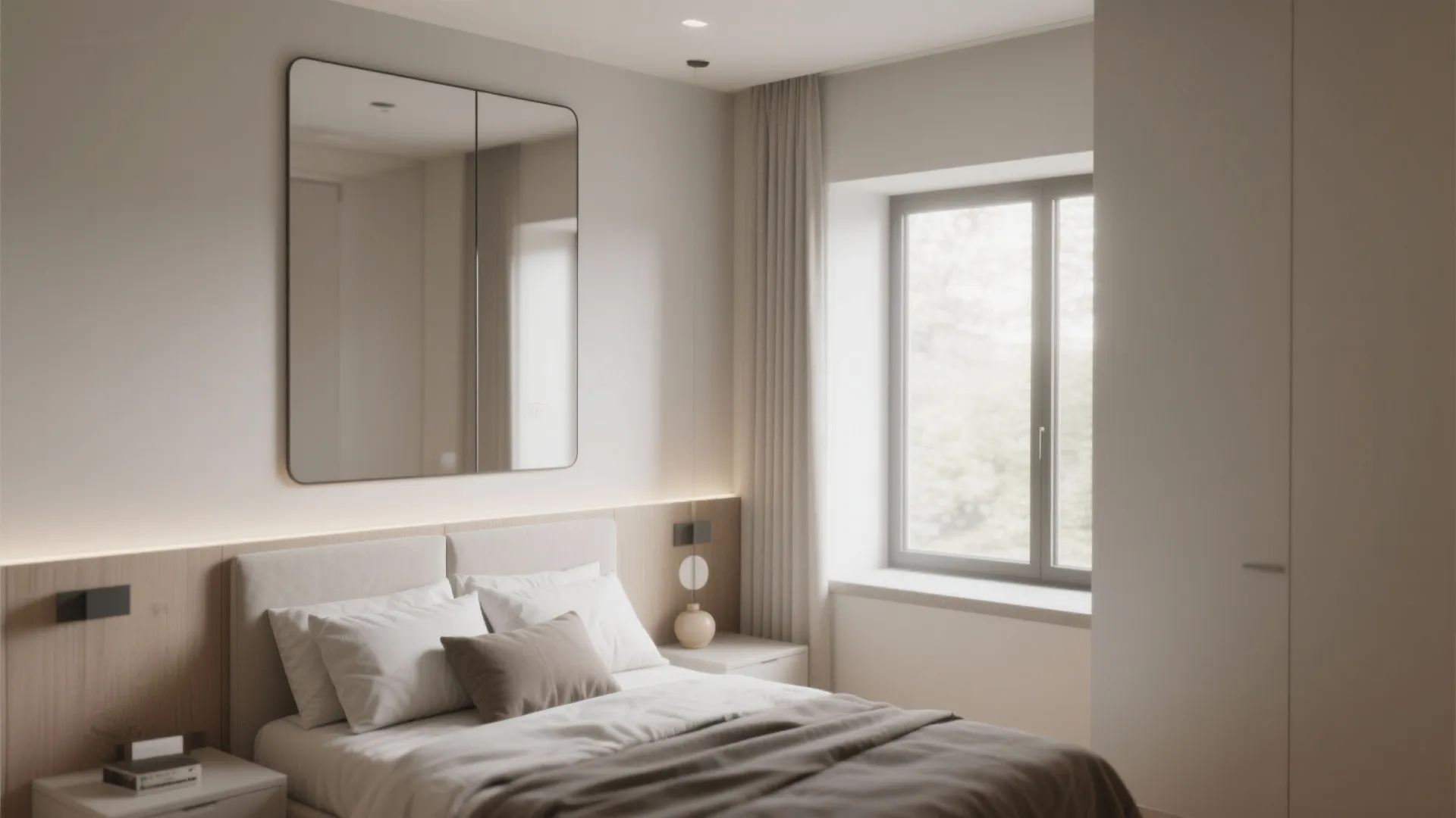 Minimalist bedroom with large wall mirror above bed white pillows grey blanket and bright window