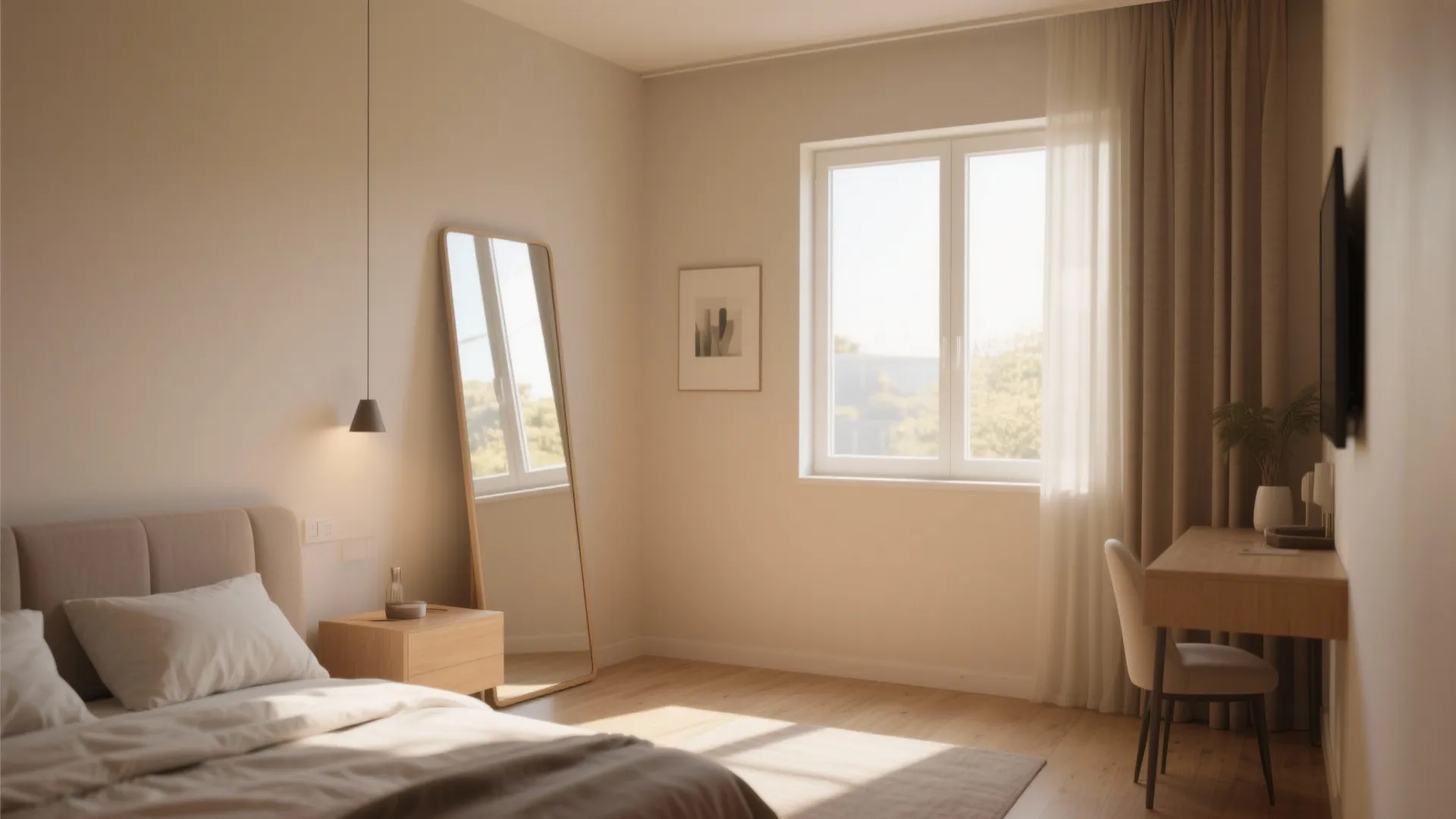 Minimalist bedroom interior featuring a large floor mirror wooden desk white bed and natural light