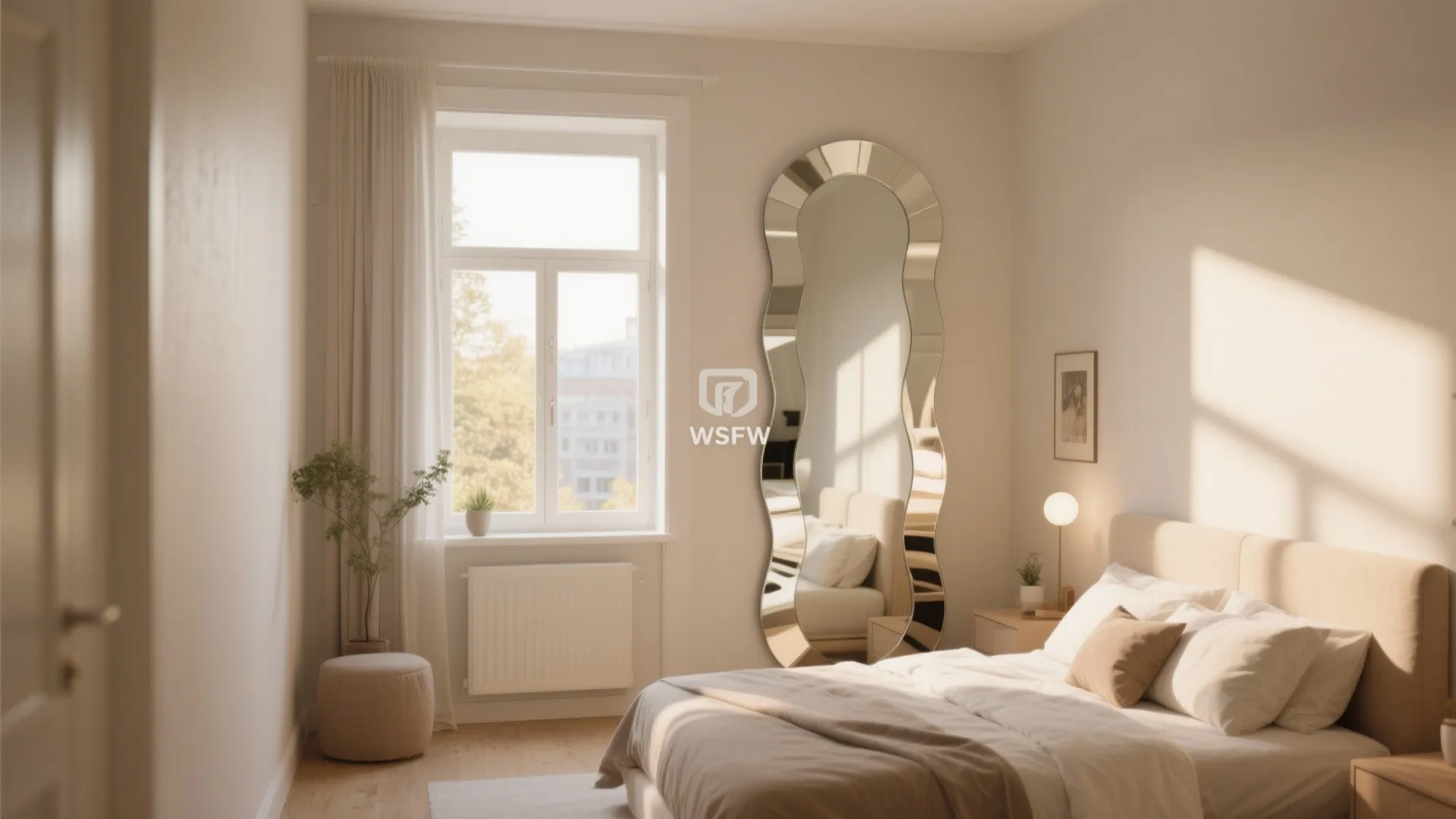 Modern bedroom featuring a wavy full-length mirror next to a bed with soft white bedding