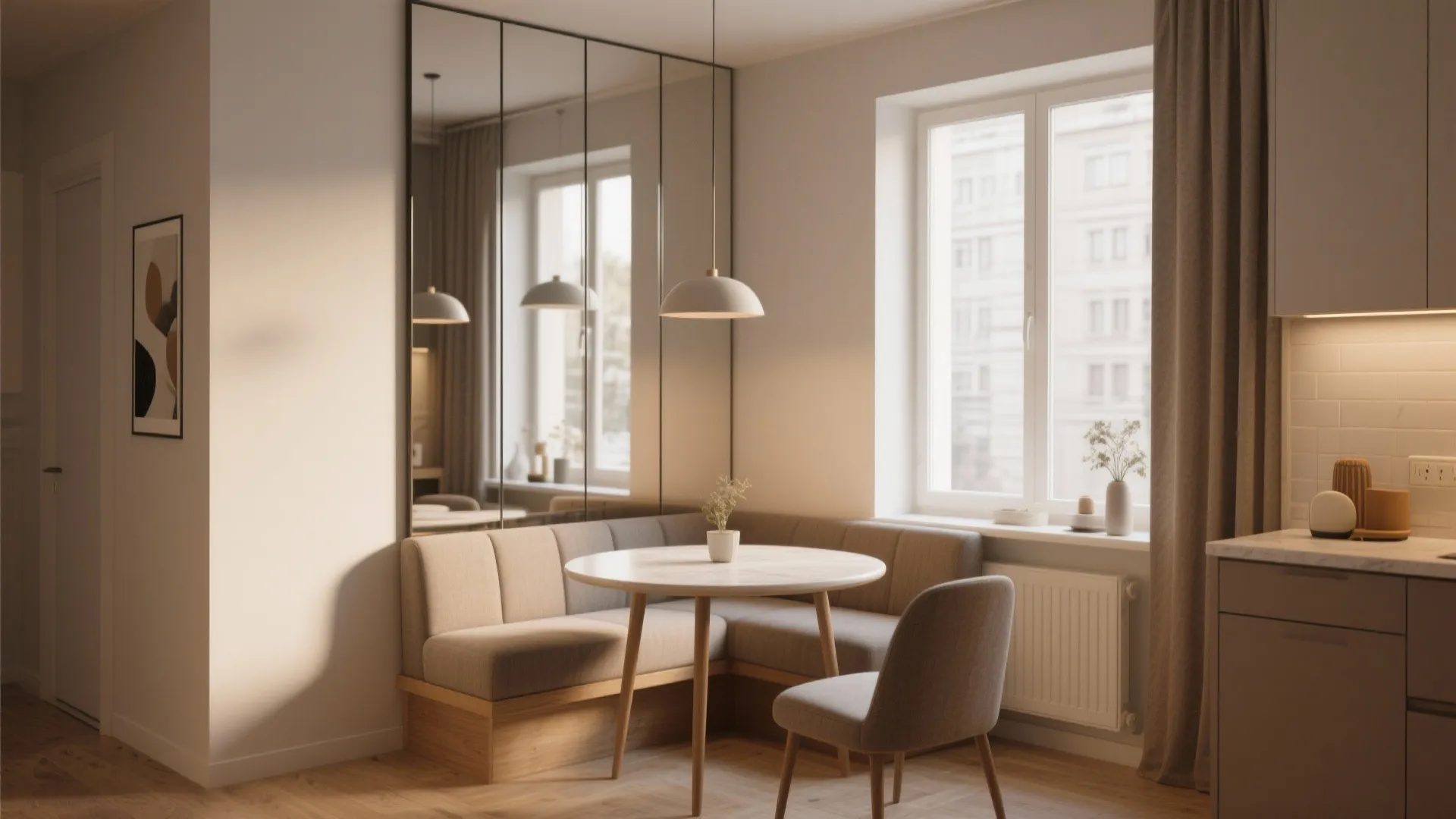 Small dining area with corner booth sofa wooden table ceiling light and large wall mirror