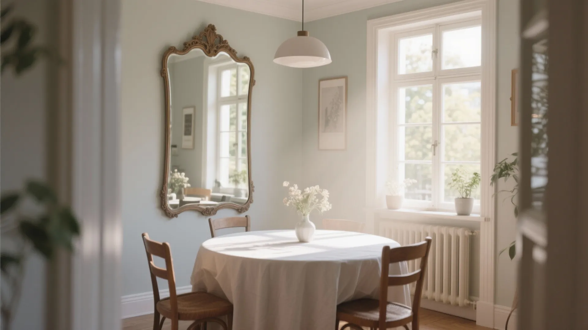 Antique mirror reflecting light in a small dining room