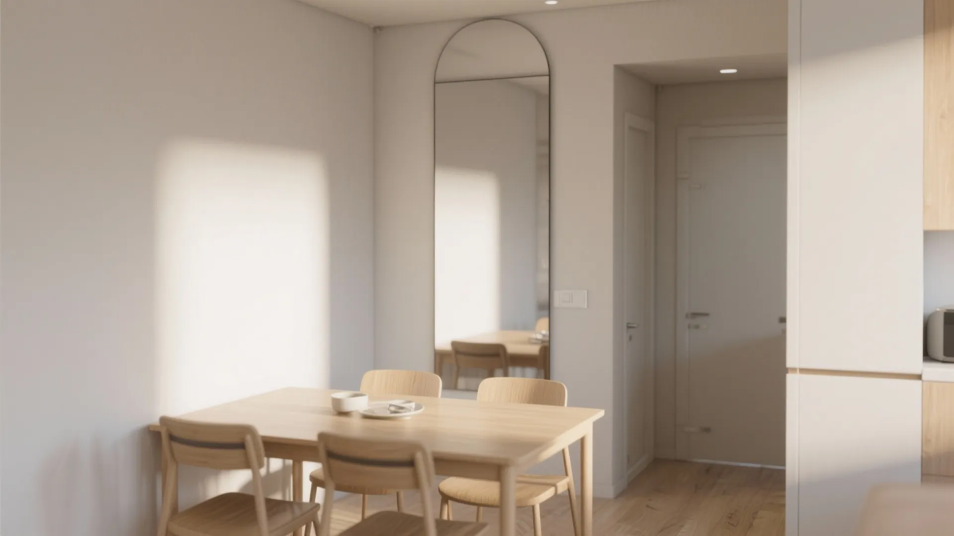 Small dining area with full-height mirror reflecting the space