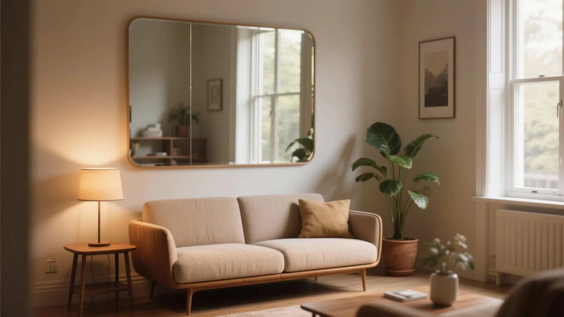 Modern living room featuring a large rectangular wall mirror hanging above a beige fabric sofa