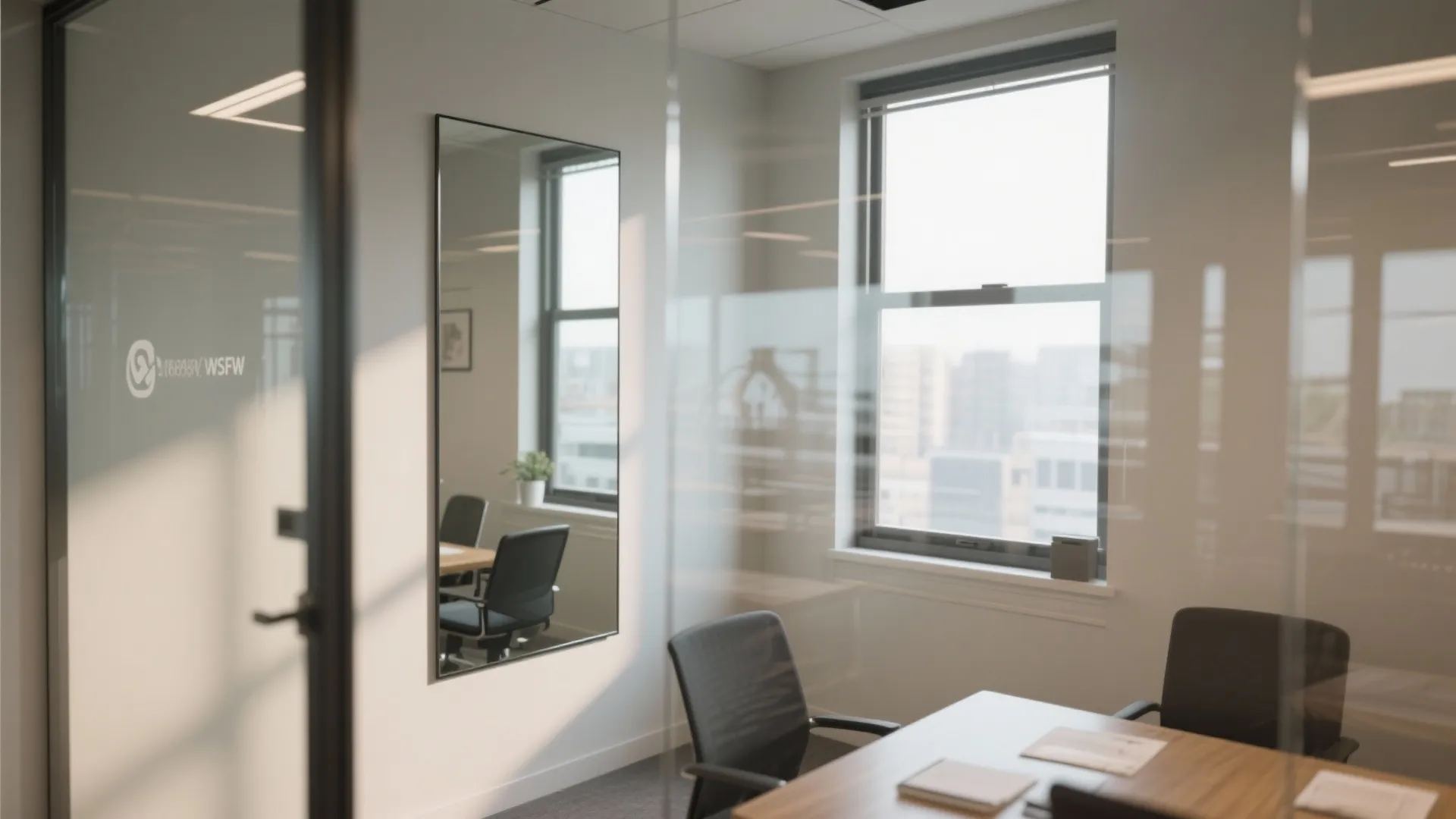 Modern office interior with large mirror on wall black chairs wooden table and glass partitions