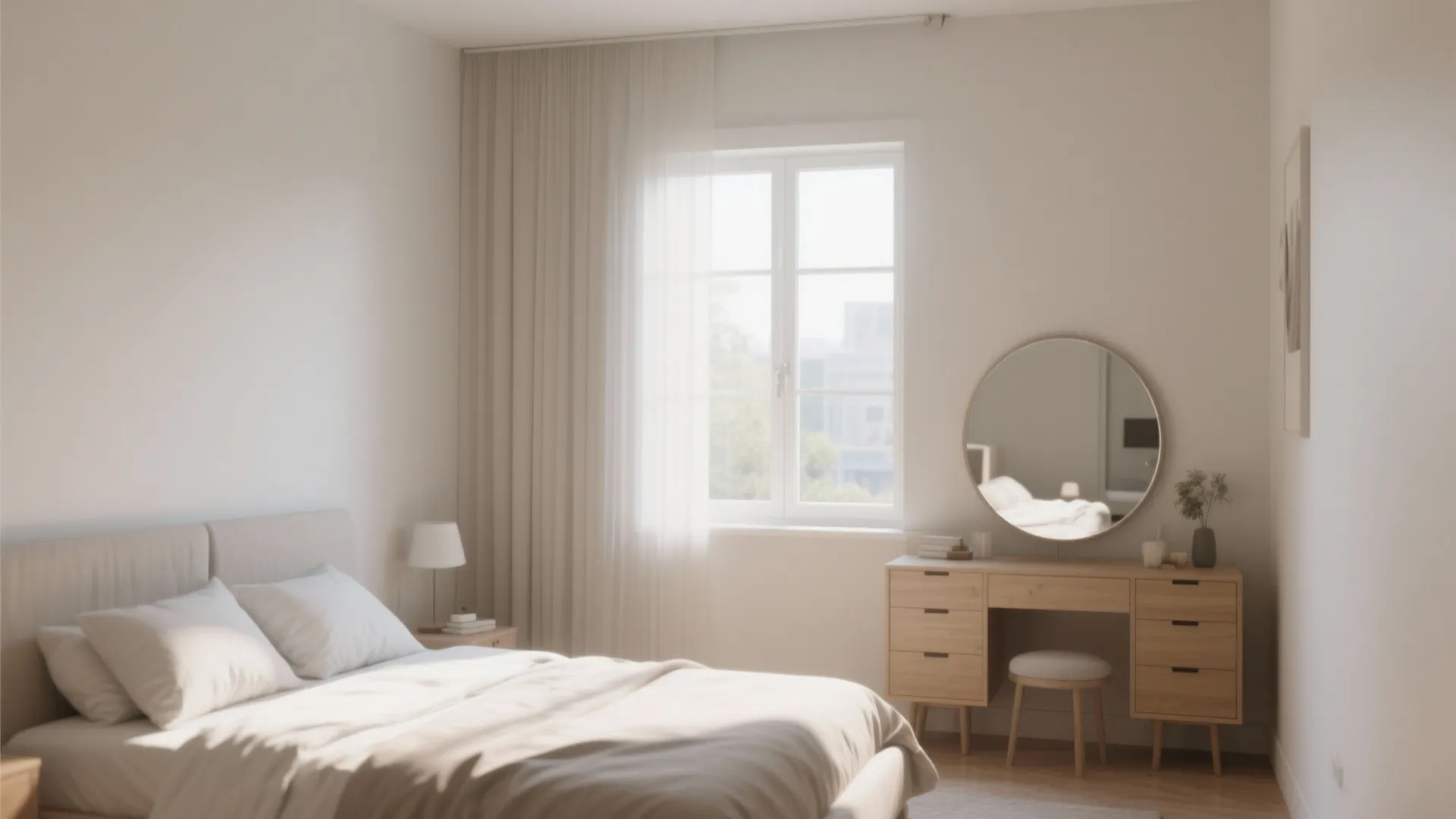 Bright bedroom featuring a wooden makeup table with round mirror and footrest near the window