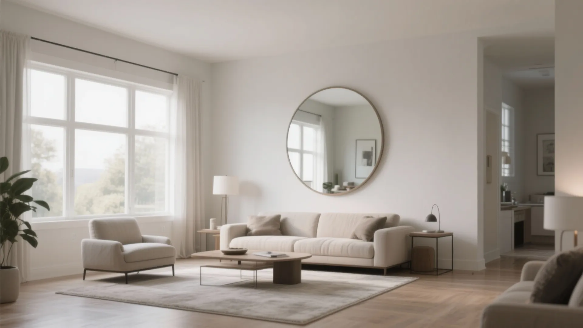 Bright living room with white sofa round wall mirror coffee table and large windows view