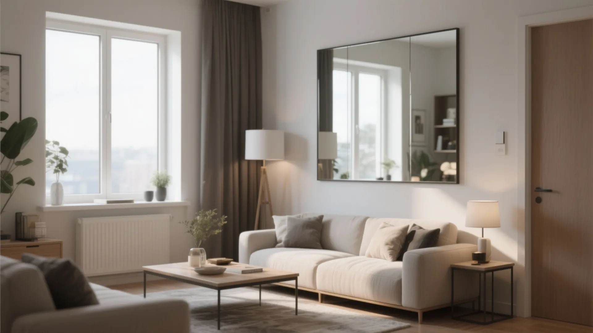 Bright living room with white sofa, wooden coffee table, large wall mirror, and floor lamp