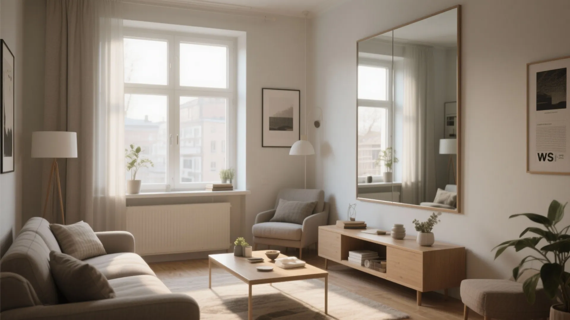 Bright living room with large wall mirror, grey sofa, wooden coffee table, cabinet, and lamp