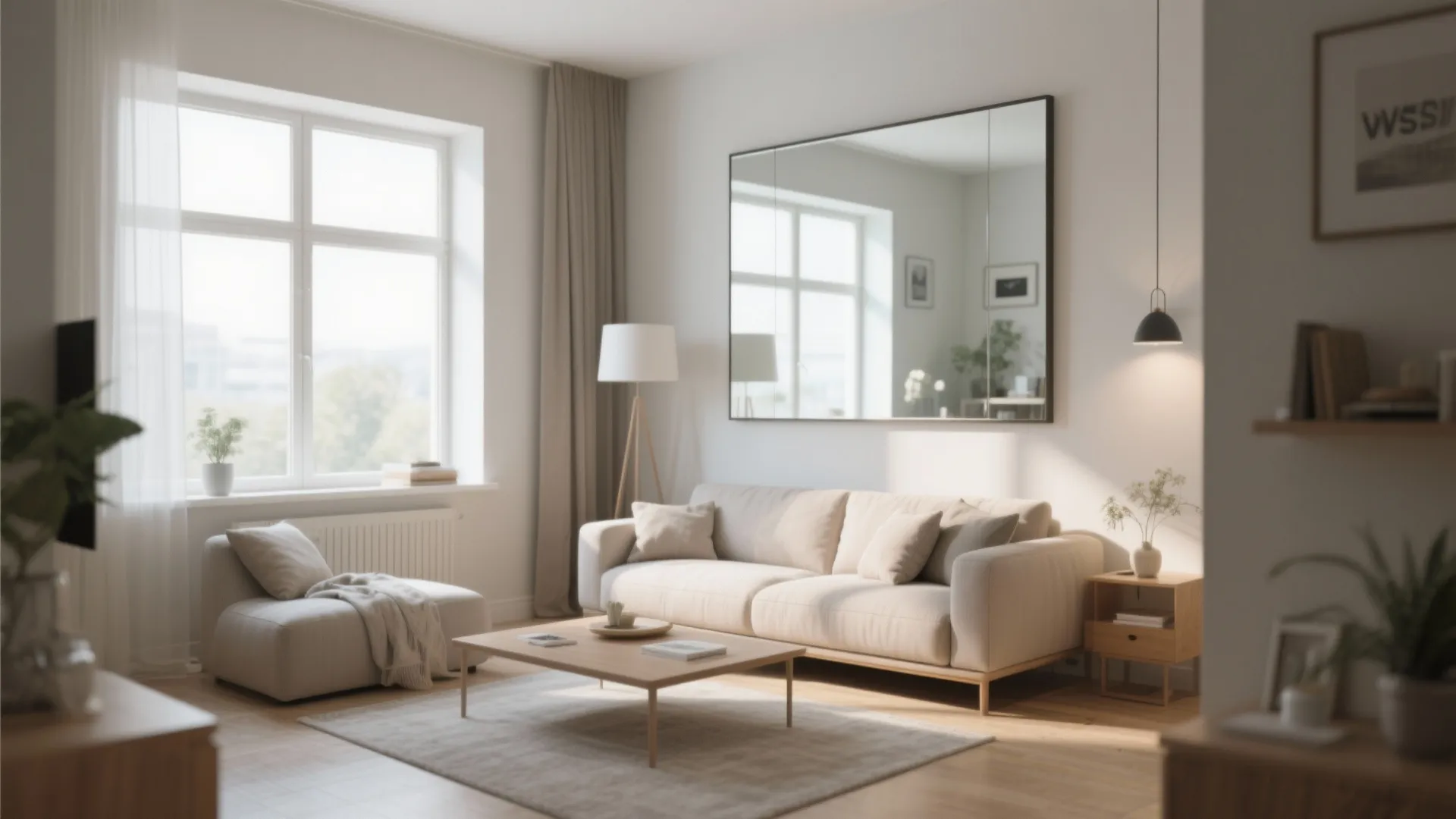 Bright living room with a large wall mirror above a sofa to create more space feeling
