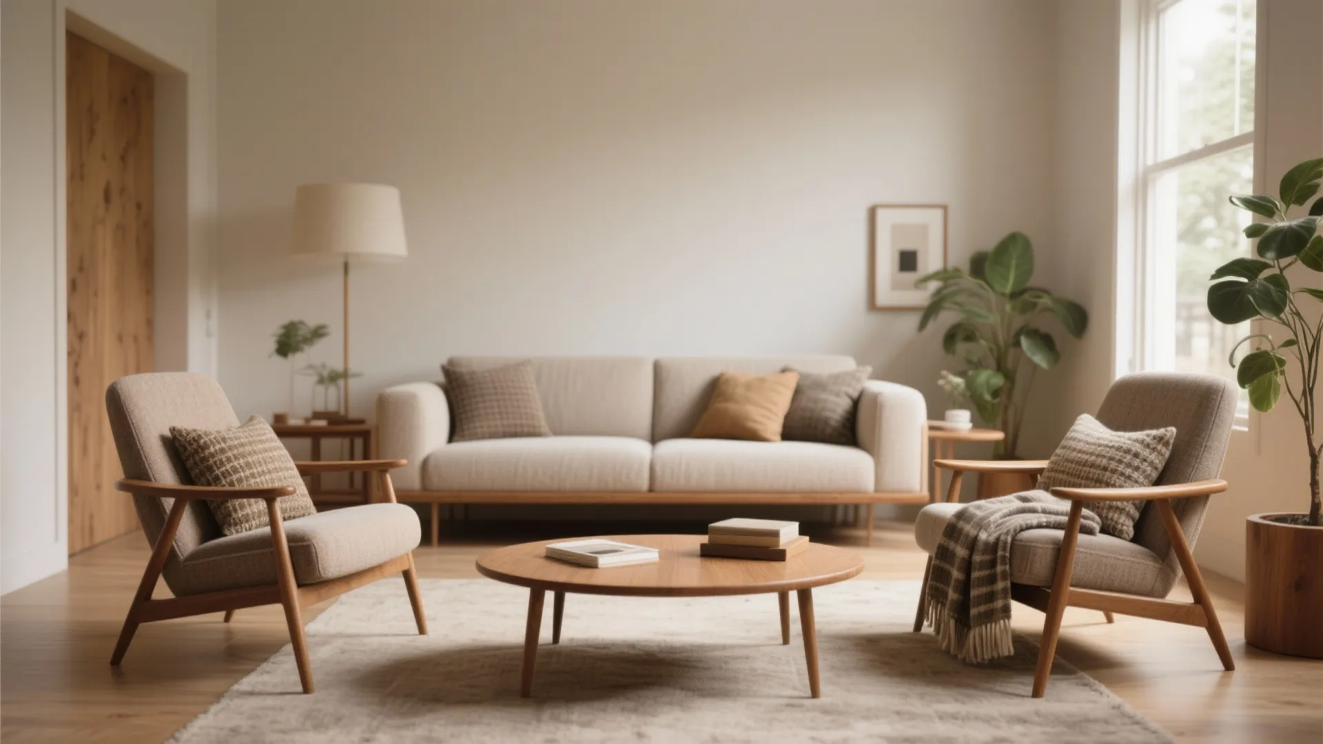 Two mid-century lounge chairs mirroring a low-profile sofa for cohesive balance.