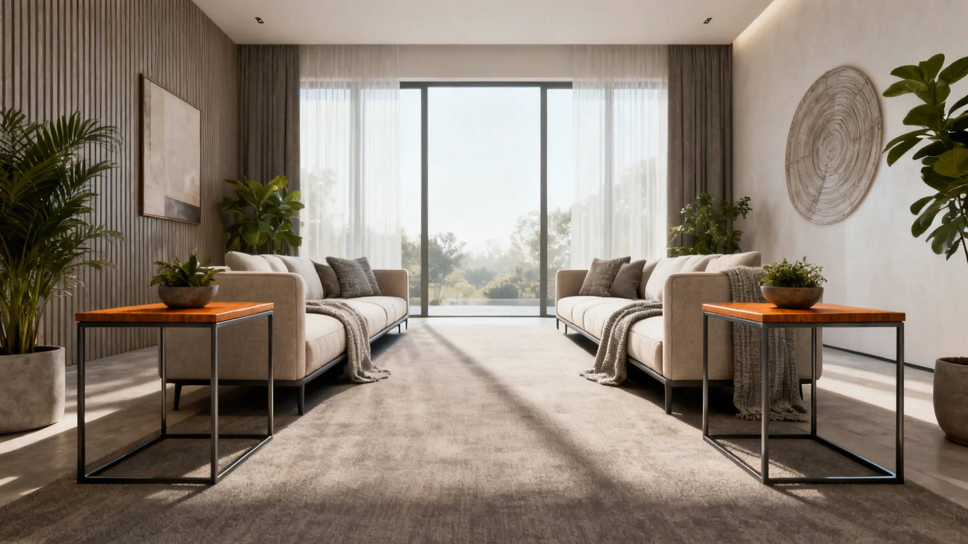 Symmetrical living room design with two facing sofas matching side tables and large glass windows