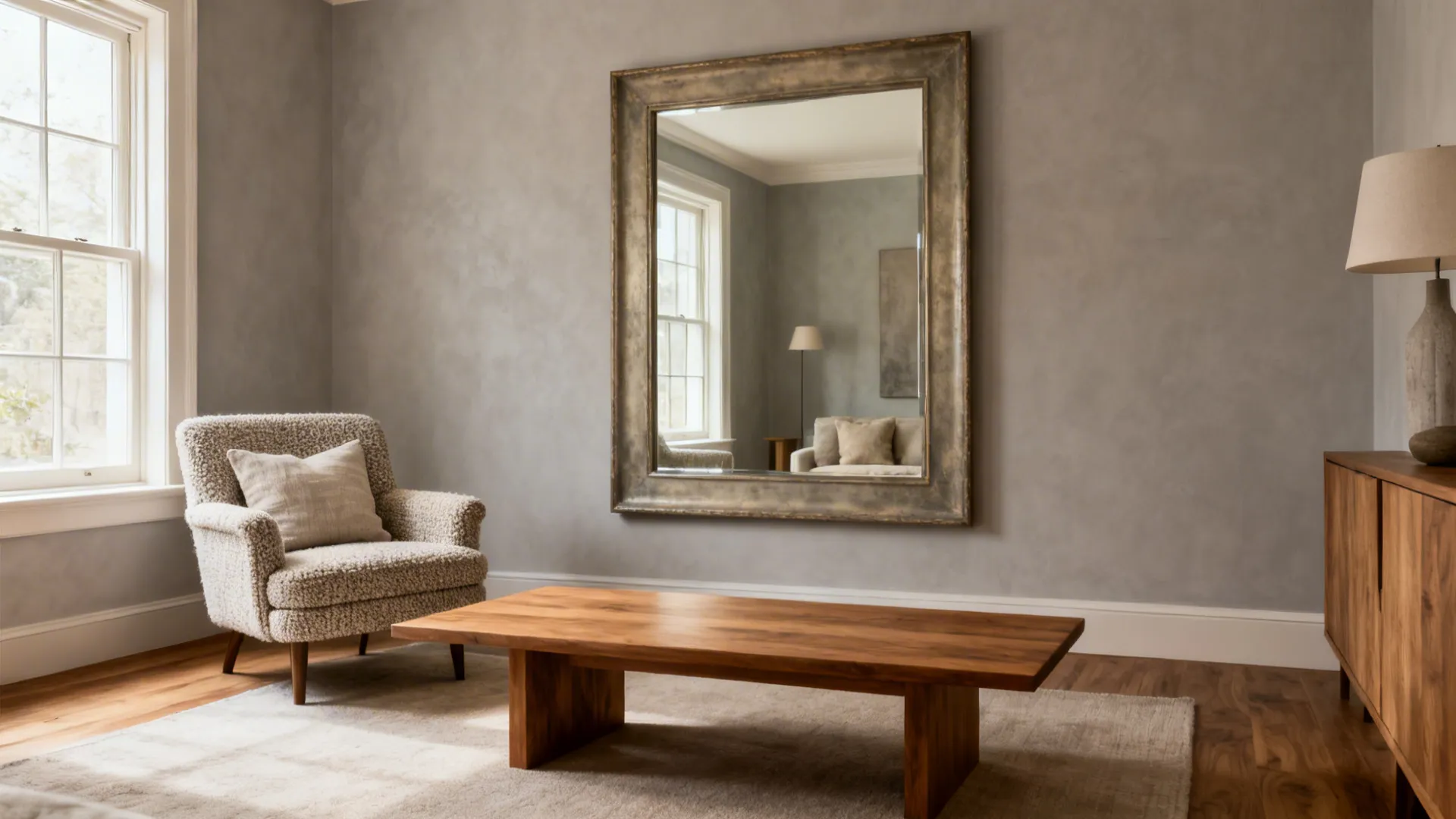 Grey living room featuring large wall mirror wooden coffee table grey armchair and wood cabinet