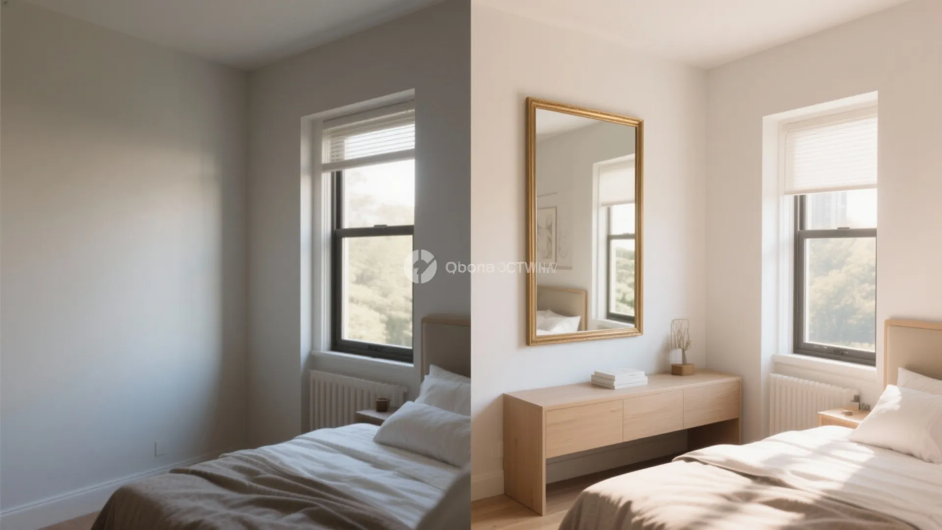 Bedroom before and after adding a large framed mirror