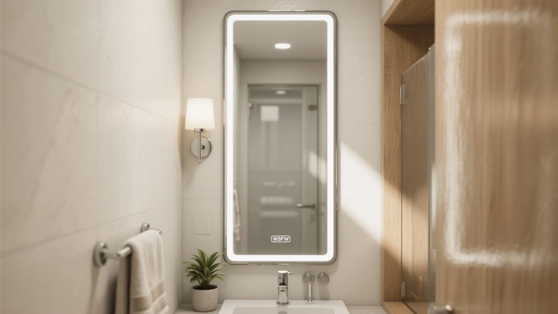 Modern bathroom with a glowing led mirror mounted on a white wall above a sink