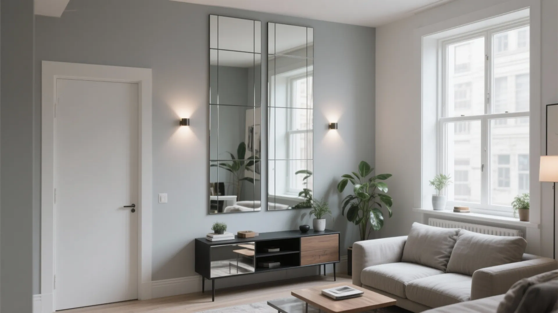 Modern living room with grey walls two large mirrors black cabinet white sofa and wall lights