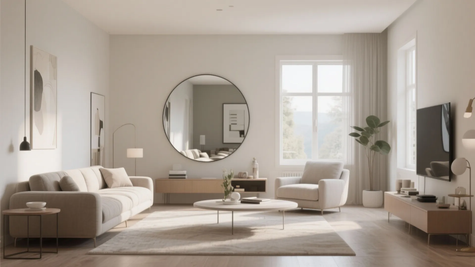 Modern minimalist living room with beige sofa round wall mirror wooden cabinet and natural light