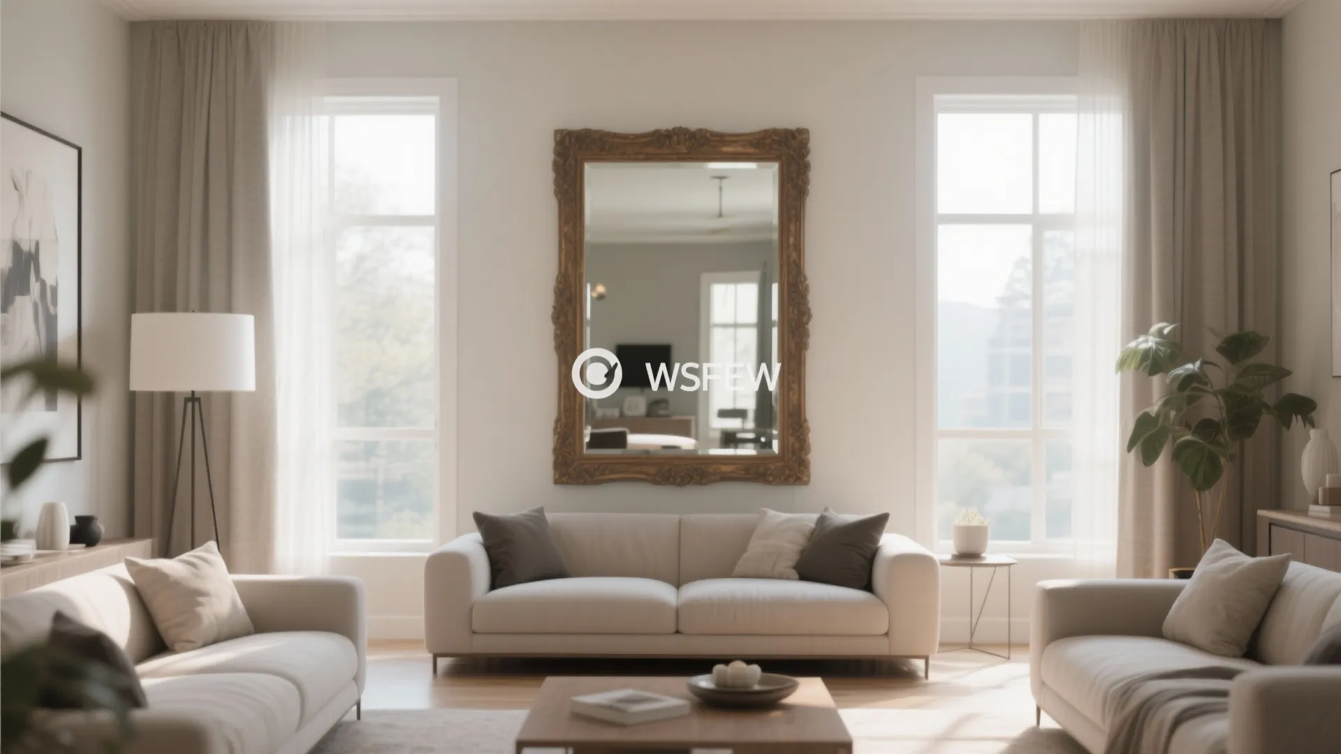 Bright living room with large gold frame mirror on wall white sofa and natural light
