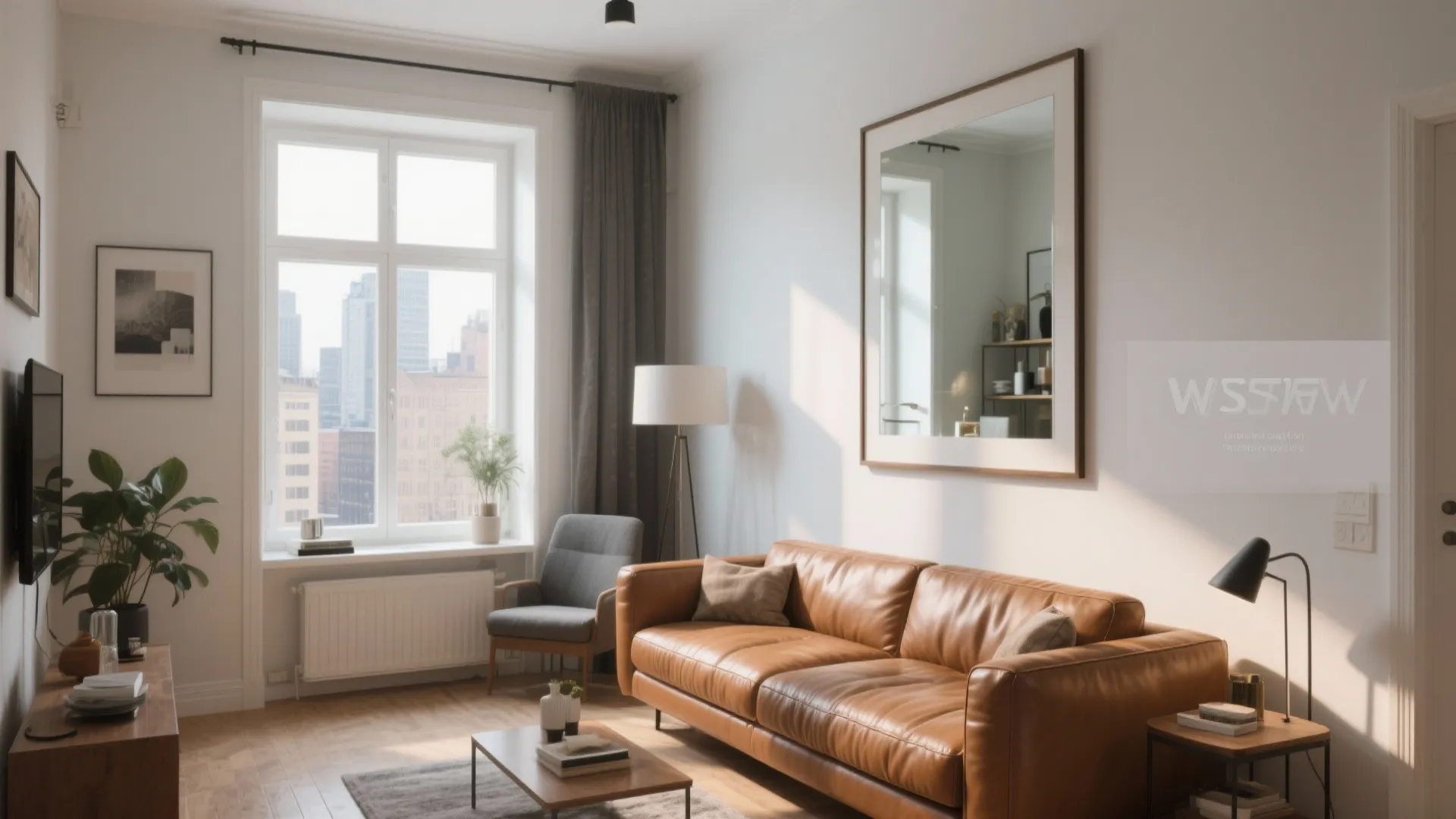 Mirror opposite tan sofa making small room appear larger