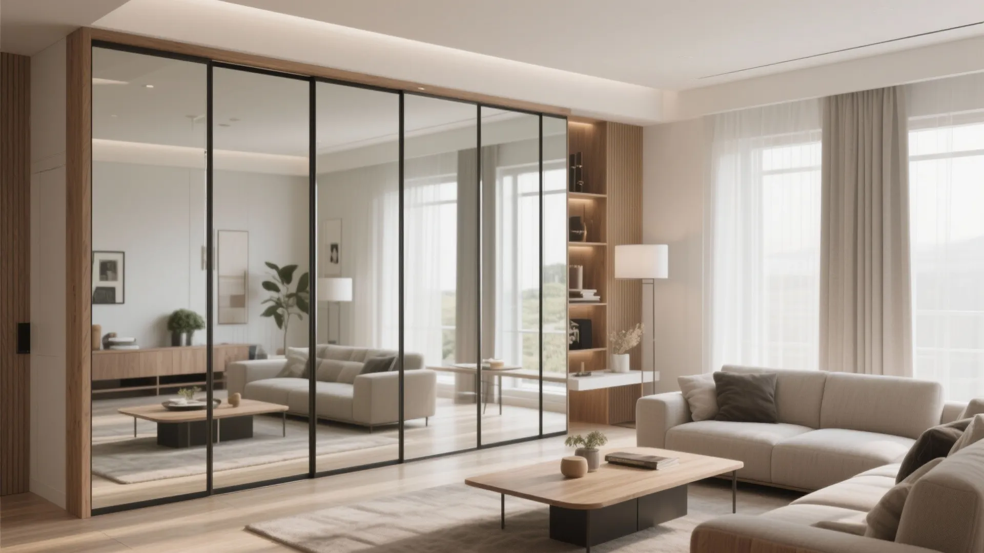 Modern living room with floor to ceiling mirrors reflecting a beige sofa and wooden table